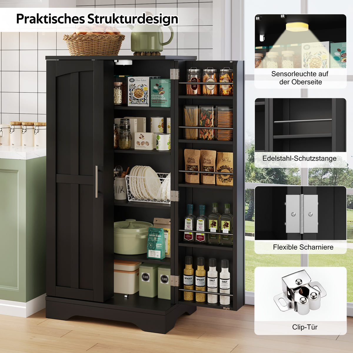 120x60x40xcm Kitchen Cabinet With LED Sensor Light, Large 2-Door Storage Cabinet With Adjustable Shelves & Door Shelves Suitable For Kitchen, Dining Room Or Living Room, Black