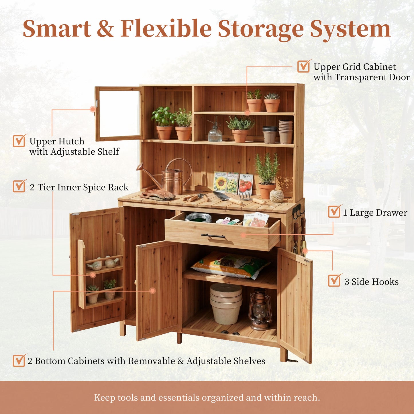 With Assembly Video TOPAMx Potting Bench With Hutch 65 H Solid Fir Wood Garden Workstation Large Countertop Patio Kitchen Island With Adjustable Shelves Spice Rack Side Hook And Drawer Natural