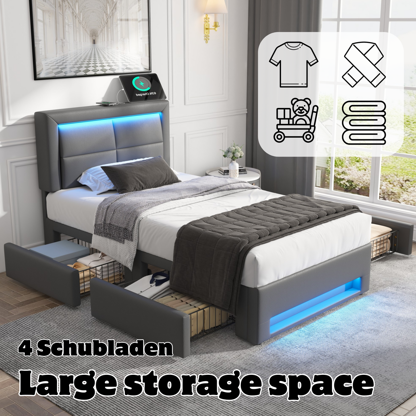 Upholstered Bed 90x200 Cm, With USB Port Supports Wireless And Wired Charging , With LED Lighting And Four Drawers, Without Mattress, PU Lychee Pattern, Grey