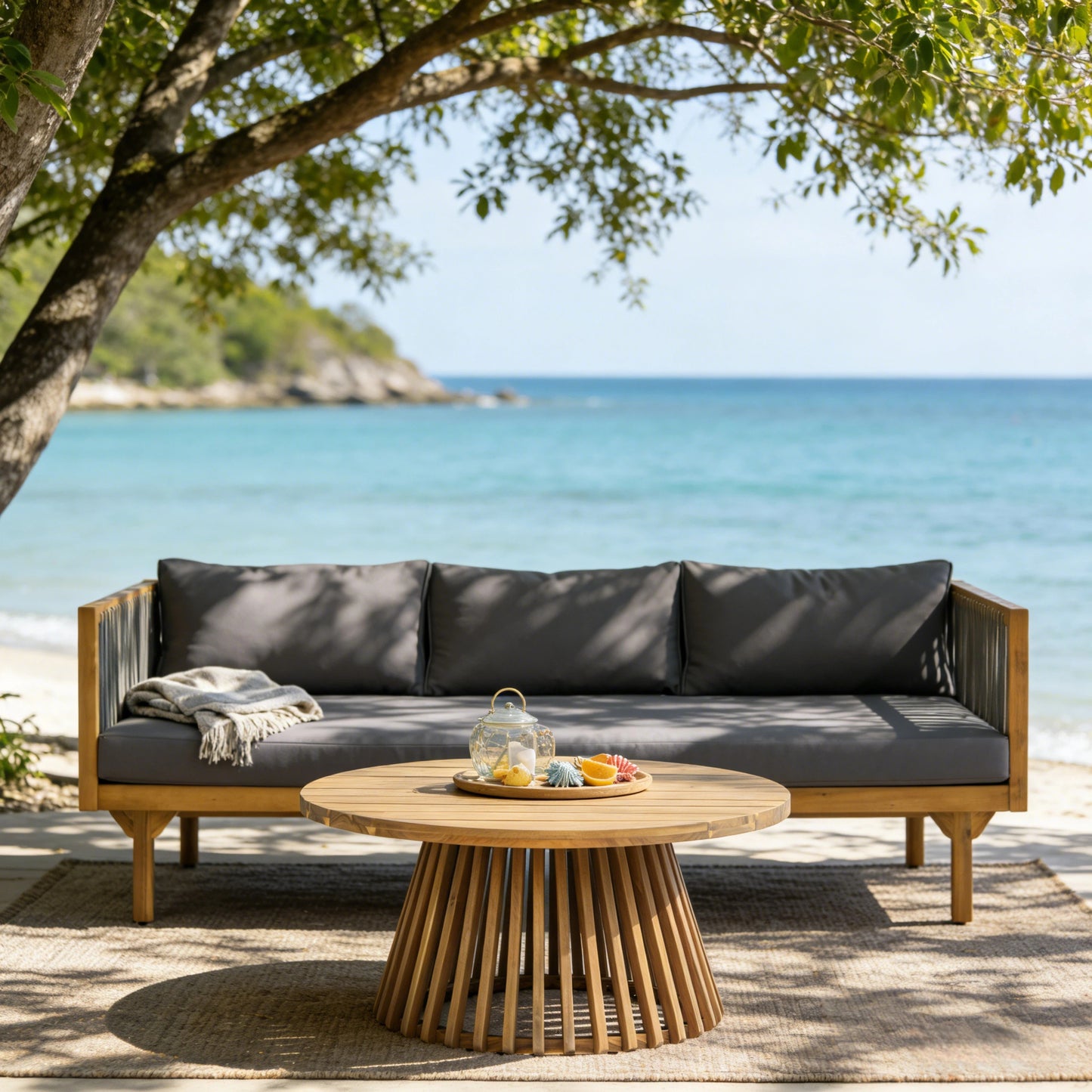 2-Piece Outdoor Patio Set Sofa With Dark Grey Cushions & Grey Rope Back Round Acacia Wood Coffee Table, Teak Finish, Water Repellent, 600 Lbs Sofa Capacity