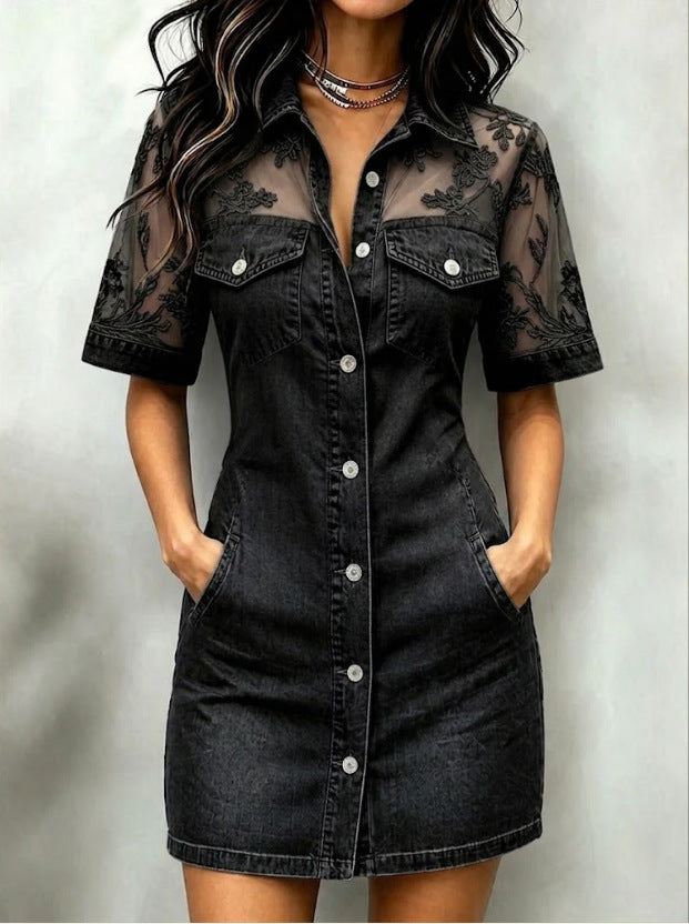 Womens Fashion Casual Patchwork Lace Denim Mini Dress