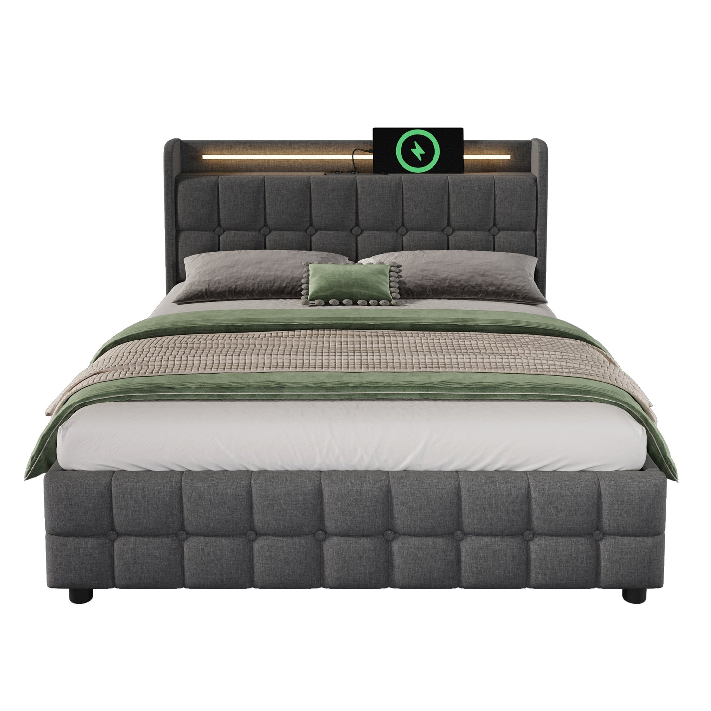 Upholstered Bed With Charging, USB Charging Function, Headboard And LED Lighting And 4 Drawers, Double Bed 160x200cm, Storage Beds, Bed Frame, Wooden Slatted Base, Grey Without Mattress
