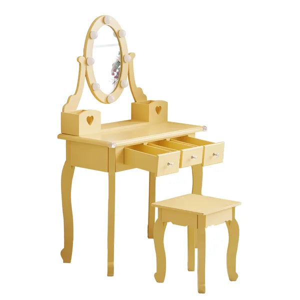Kids Vanity Set With Mirror And Lights And Stool, 5 Storage Drawers, Pretend Play Princess Makeup Desk Dressing Table And Stool Set For Little Girls Age 3, Macaroon Orange