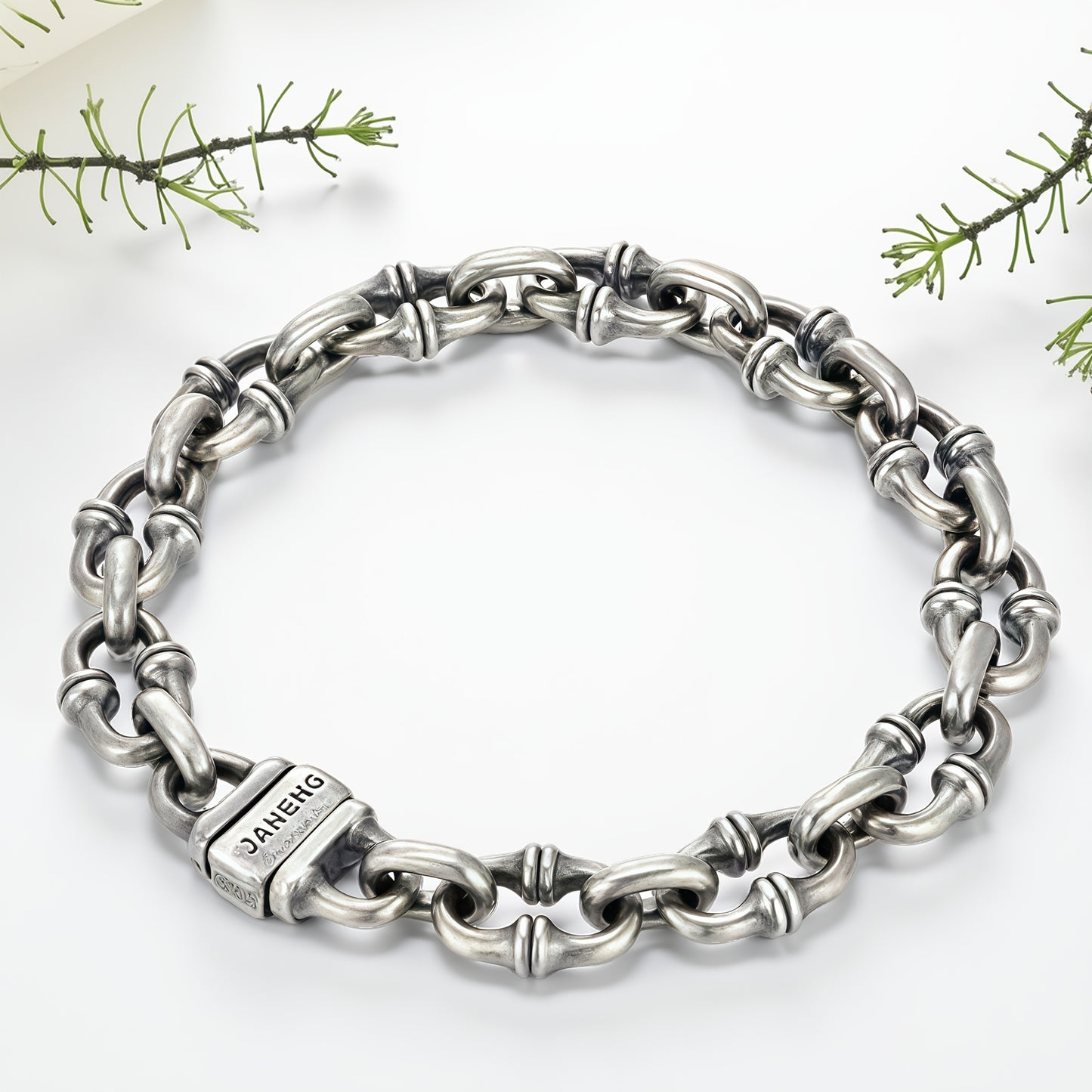 Vintage Horseshoe Link Heavy Chain Bracelet For Men, Copper Plated Silver Engraved Push Lock Biker Punk Thick Wrist Jewelry Gift
