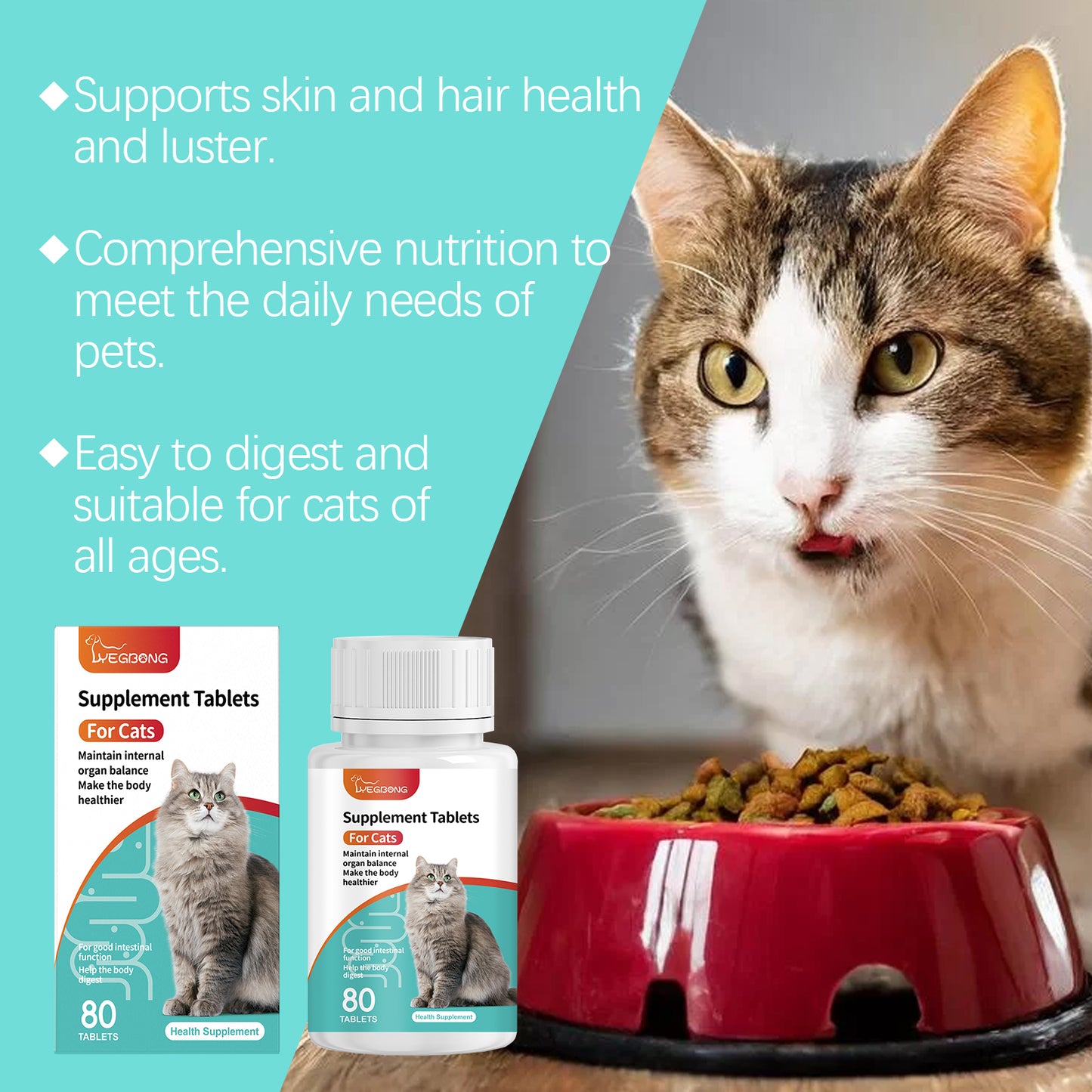 Cat Probiotic Supplement Tablets, Gut & Digestive Health Support With Vitamin B2 & Selenium, Immune, Skin & Vision Care, 80 Tablets