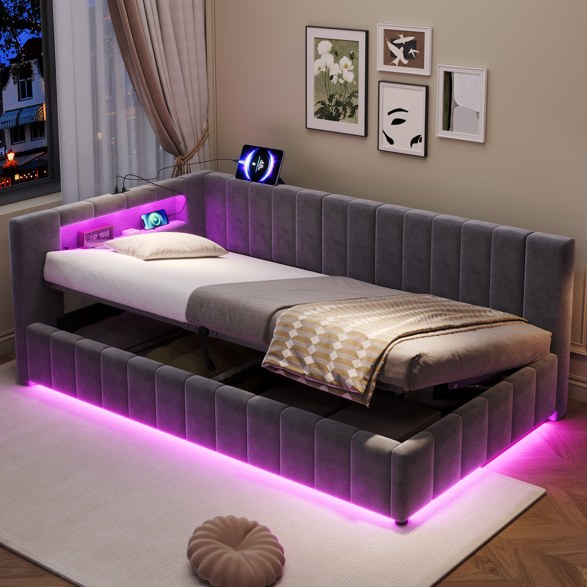 3ft Single Velvet Side Hydraulic Storage Bed With Smart RGB LED Lights & Charging Station, Side Opening Ottoman Bed Frame With Type-C & USB Ports, Channel Tufted, Grey No Mattress
