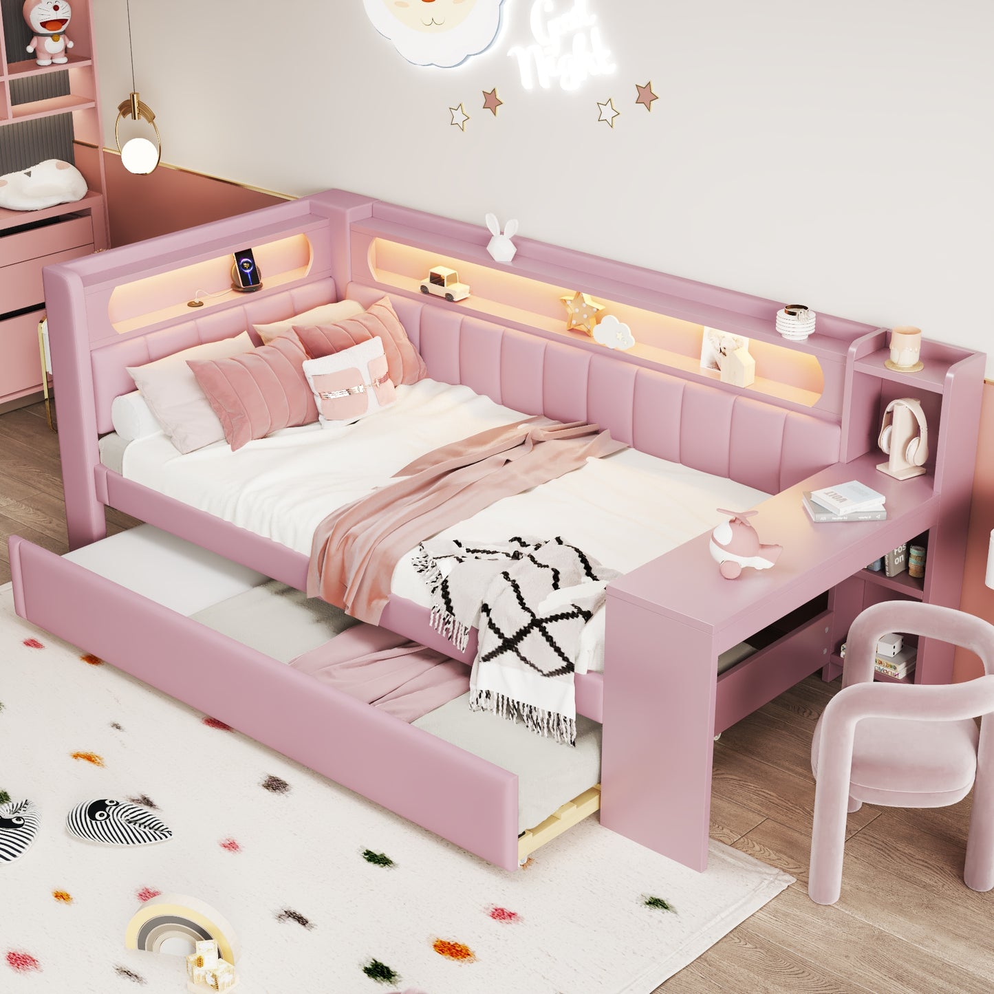 Padded 90x200 Daybed With USB Ports And LED Belt, With Trundle Bed And Desk, Pink