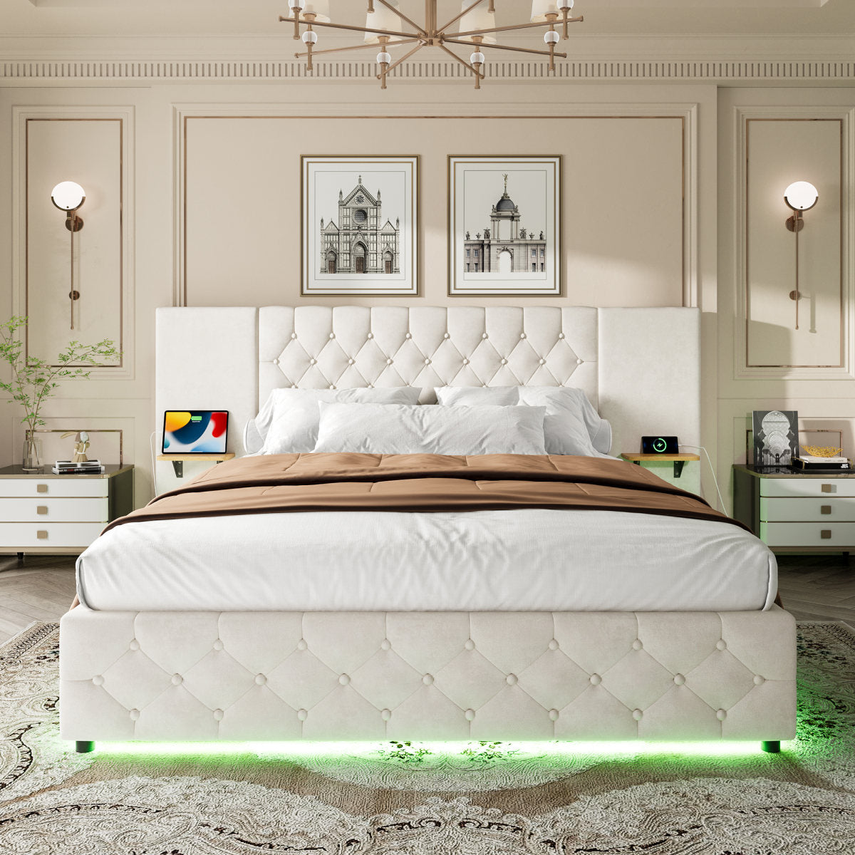 Modern 135x190 Bed Frame With Wide Headboard, LED Lighting, USB-C Ports, Hydraulic Lift System, And Large Under-Bed Storage & Storage Shelves Ideal For Bedrooms And Comfortable Sleep, Beige