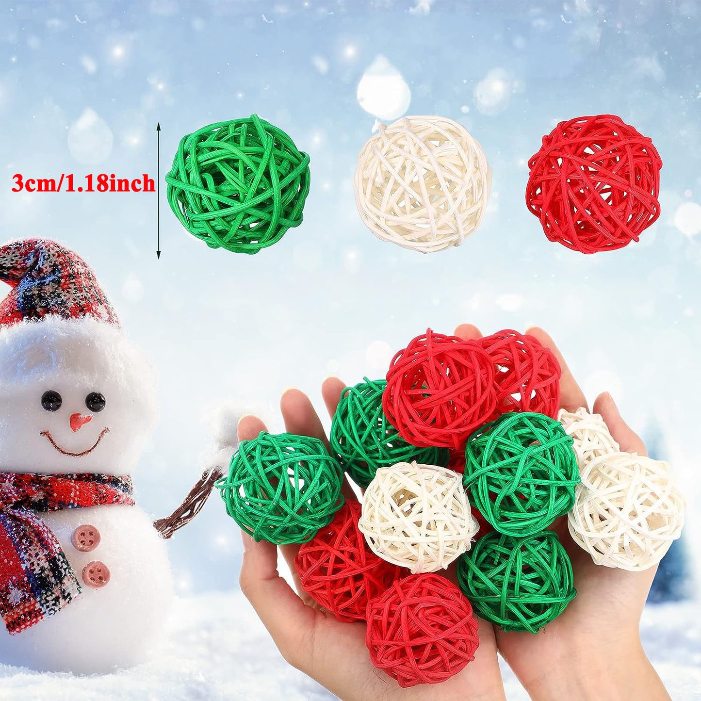 30 Pieces Wicker Rattan Balls Decorative Orbs For Bowl Centerpieces Christmas Vase Filler For Holiday Xmas Home Table Decor DIY Craft Aromatherapy Accessories, 1.2 Inch Red White Green