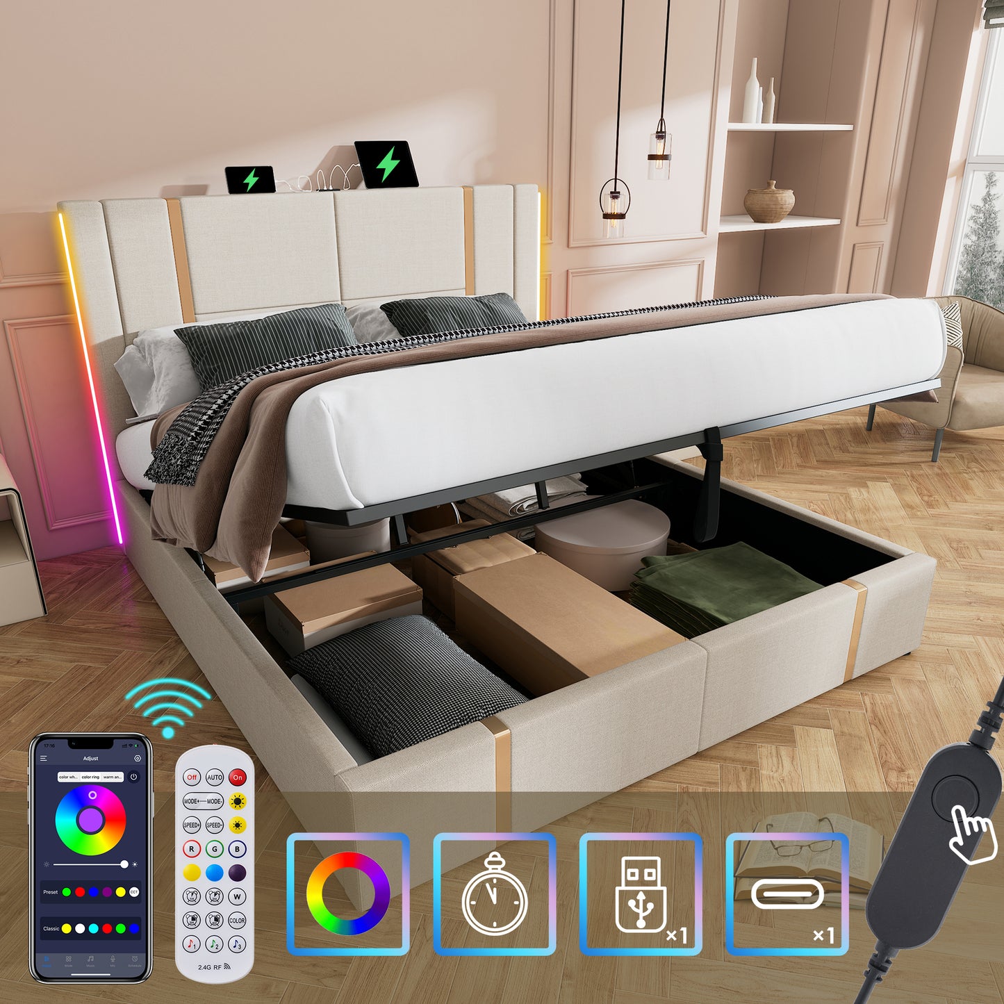 Upholstered Bed Double Bed USB Type C Charging Function APP-Control LED 160X200 Storage Beds Bed Frame, Wooden Slatted Frame, Beige Linen Material Without Mattress