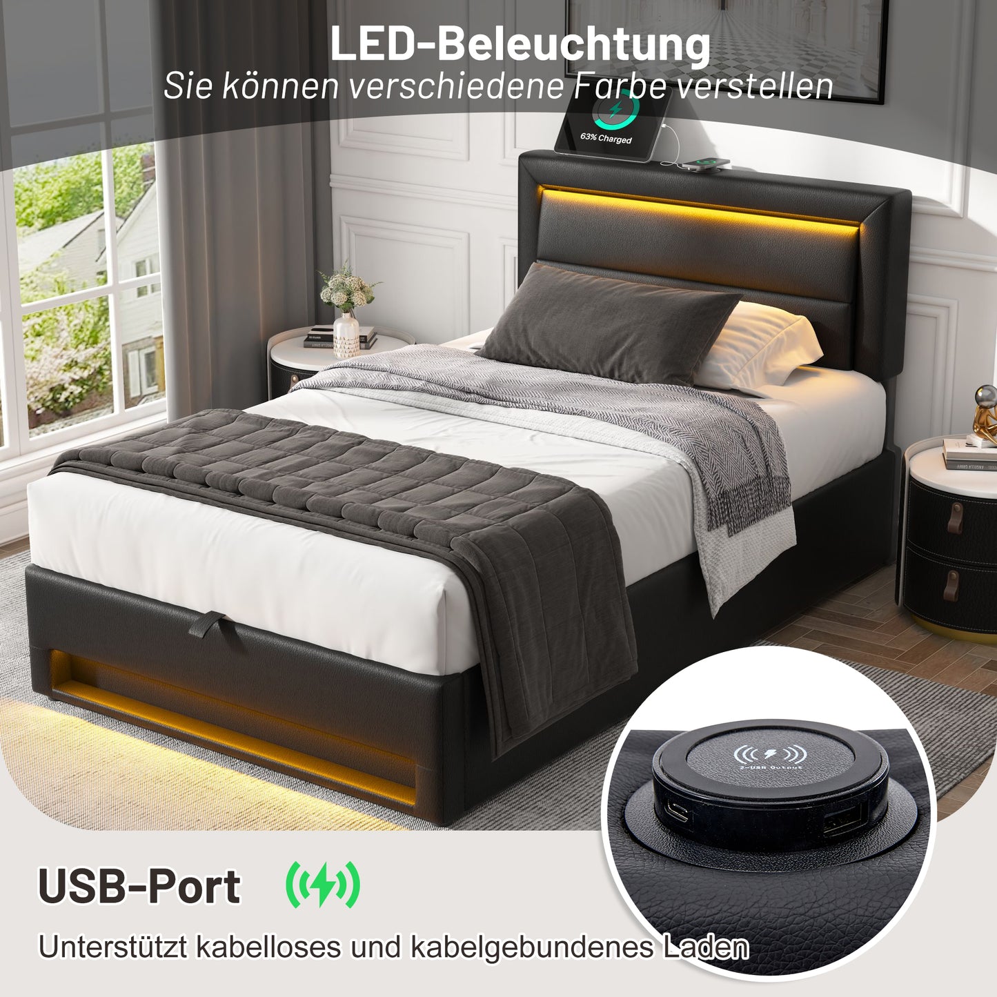 Upholstered Bed 90 X 190 Cm, With USB Port Supports Wireless And Wired Charging , With LED Lighting And Storage, Without Mattress, PU Lychee Pattern, Black