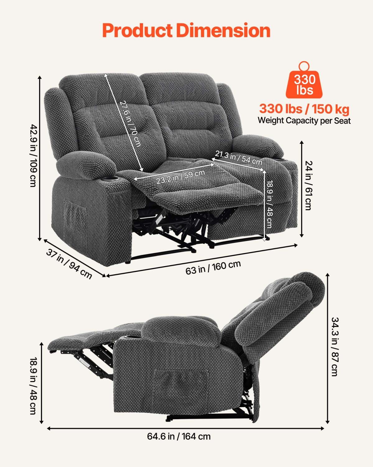 Loveseat Recliner Sofa, Manual Reclining Couch With Heating And Massage, Soft Corduroy Recliner Sofa With USB Ports, Cup Holders And Side Storage Bags, Dual Loveseat Chair For Living Room, Grey