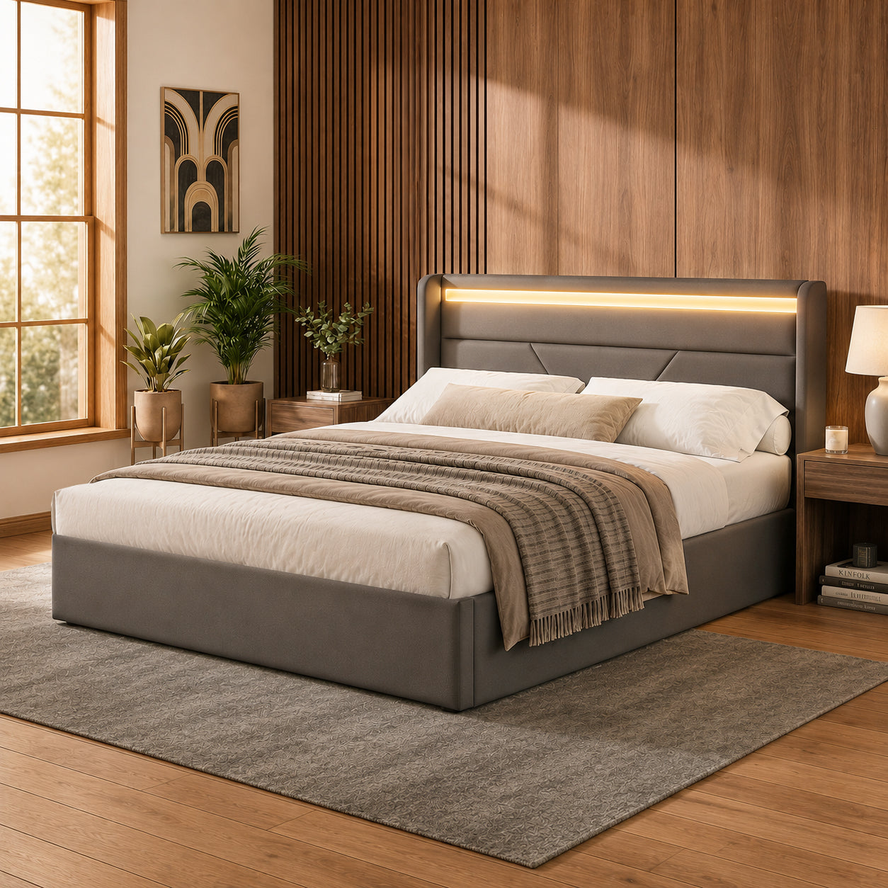 Hydraulic Storage Bed With LED Lighting Strip, Double Bed Bed Frame Upholstered Bed 140x200cm, Functional Bed, Grey With Remote Control