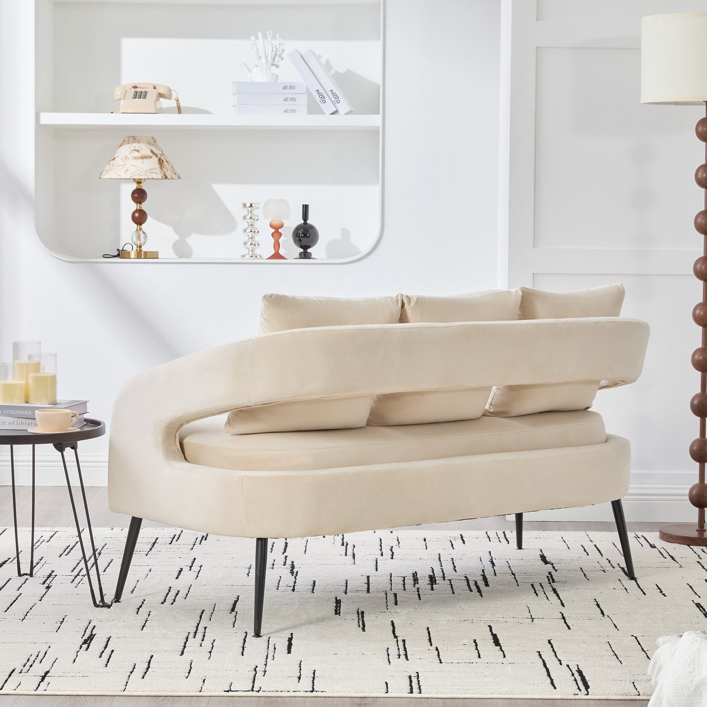 53.7 Modern Upholstered Velvet Open Back Loveseat Settee With 3 Pillows, Small Comfy Sofa 2-Seater Mini Sofa For Small Space With Metal Legs, Living Room Bedroom Office Dorm Studio Apartment, Beige