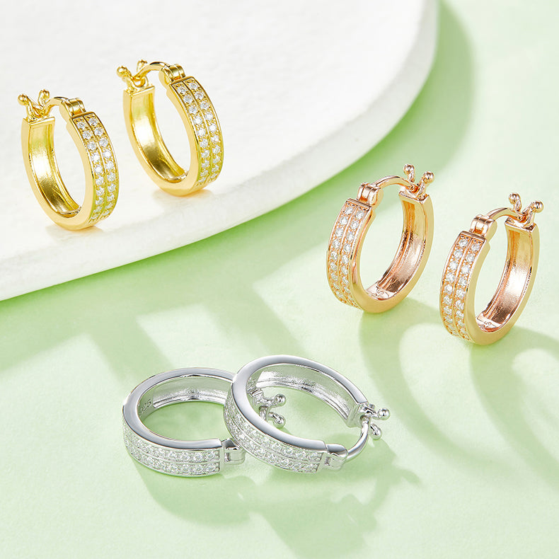S925 Sterling Silver Moissanite Hoop Earrings For Women Double Row Pave Snap Closure Earrings With GRA Certificate Platinum Or Rose Gold Or Gold Plated Gift Box Set