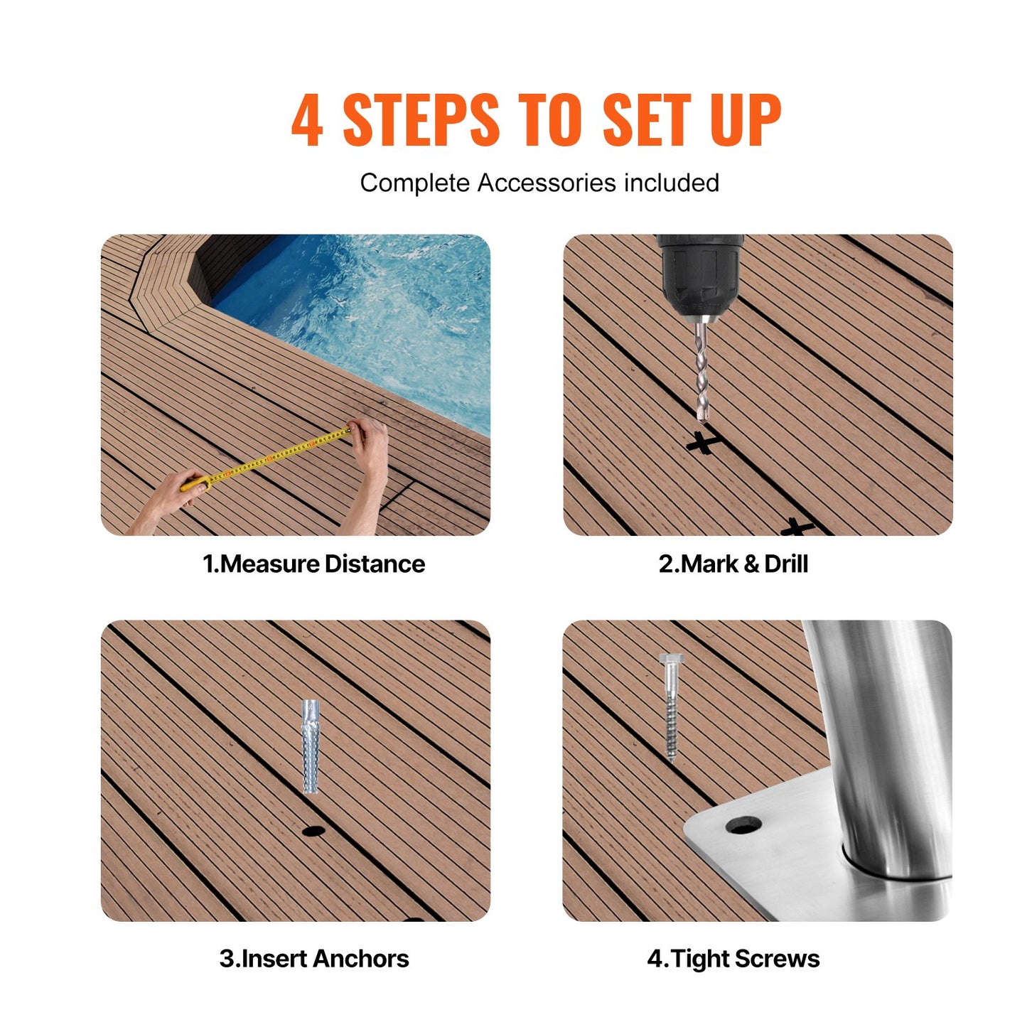 Pool Handrail, 2 PCS 55 X 32 Inch Railing, Stainless Steel With Base Plate For Indoor/Outdoor, Rust-Proof Grab Bar W/Grip Cover&Accessories For Decks/Spas