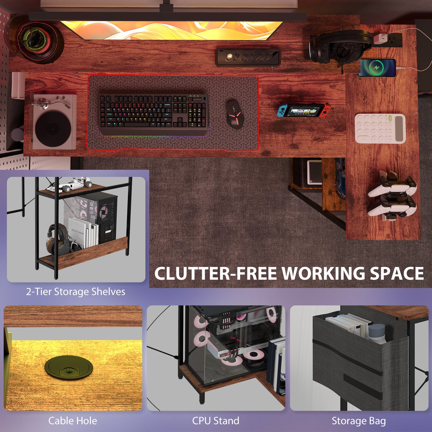 58" Reversible L Shaped Computer Desk, Corner Desk With Monitor Stand, Power Outlets And LED Lights, Rustic Brown
