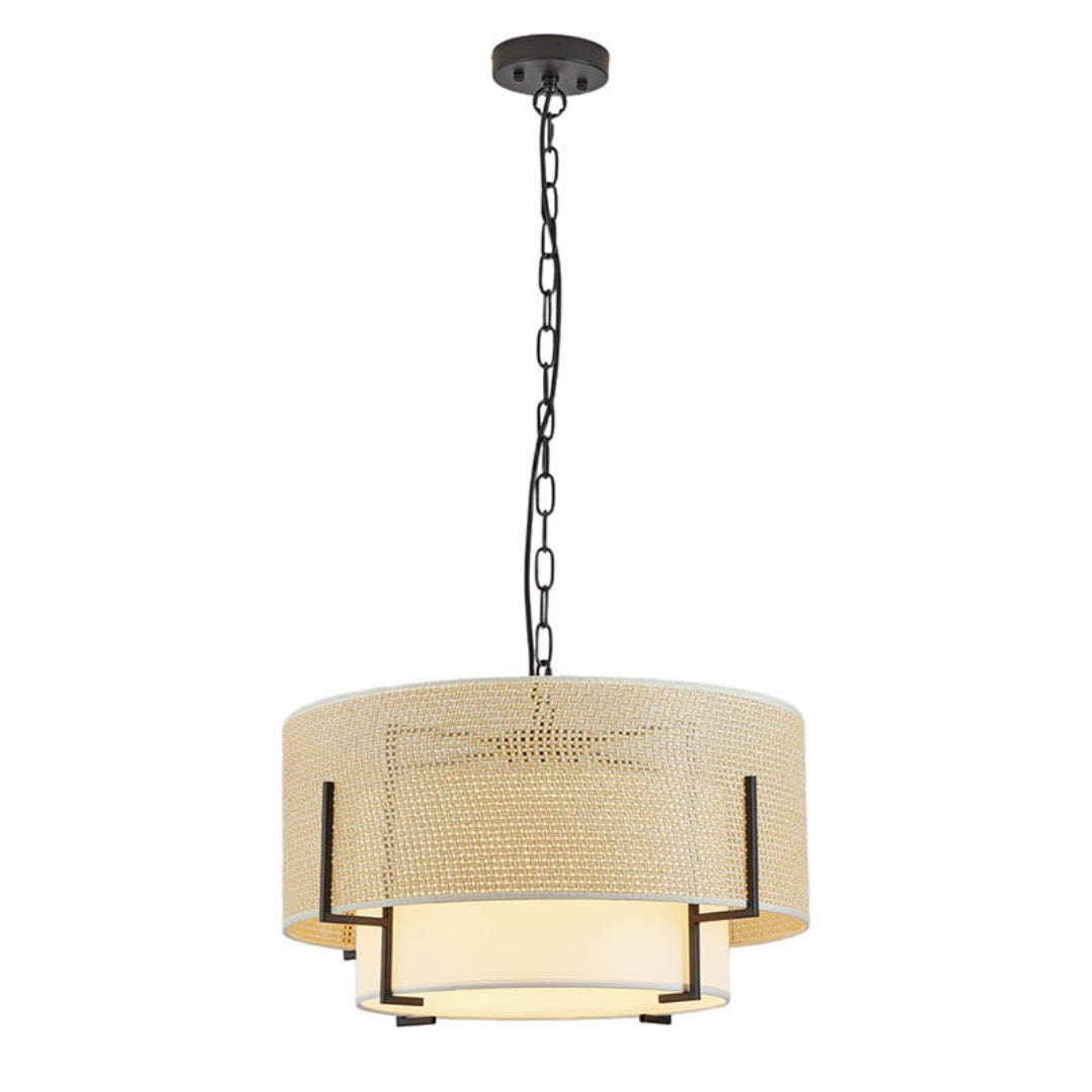 19.7in Farmhouse Boho Chandelier,4-Light Hand Woven Rattan Pendant Light With Fabric Shade Rustic Drum Chandelier For Dining Room Kitchen Bedroom Foyer Entryway Living Room Bulb Is Not Including