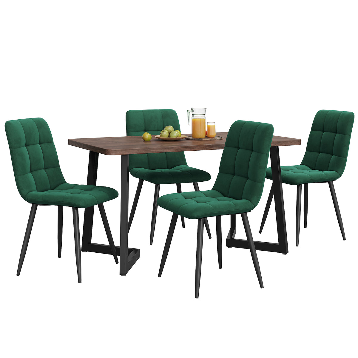 5-Piece Dining Set Table And 4 Chairs, Modern Kitchen Table Set, Kitchen Table With Wood Grain Finish And Black Metal Legs, Walnut-Colored MDF Tabletop, Dark Green Velvet Dining Chairs