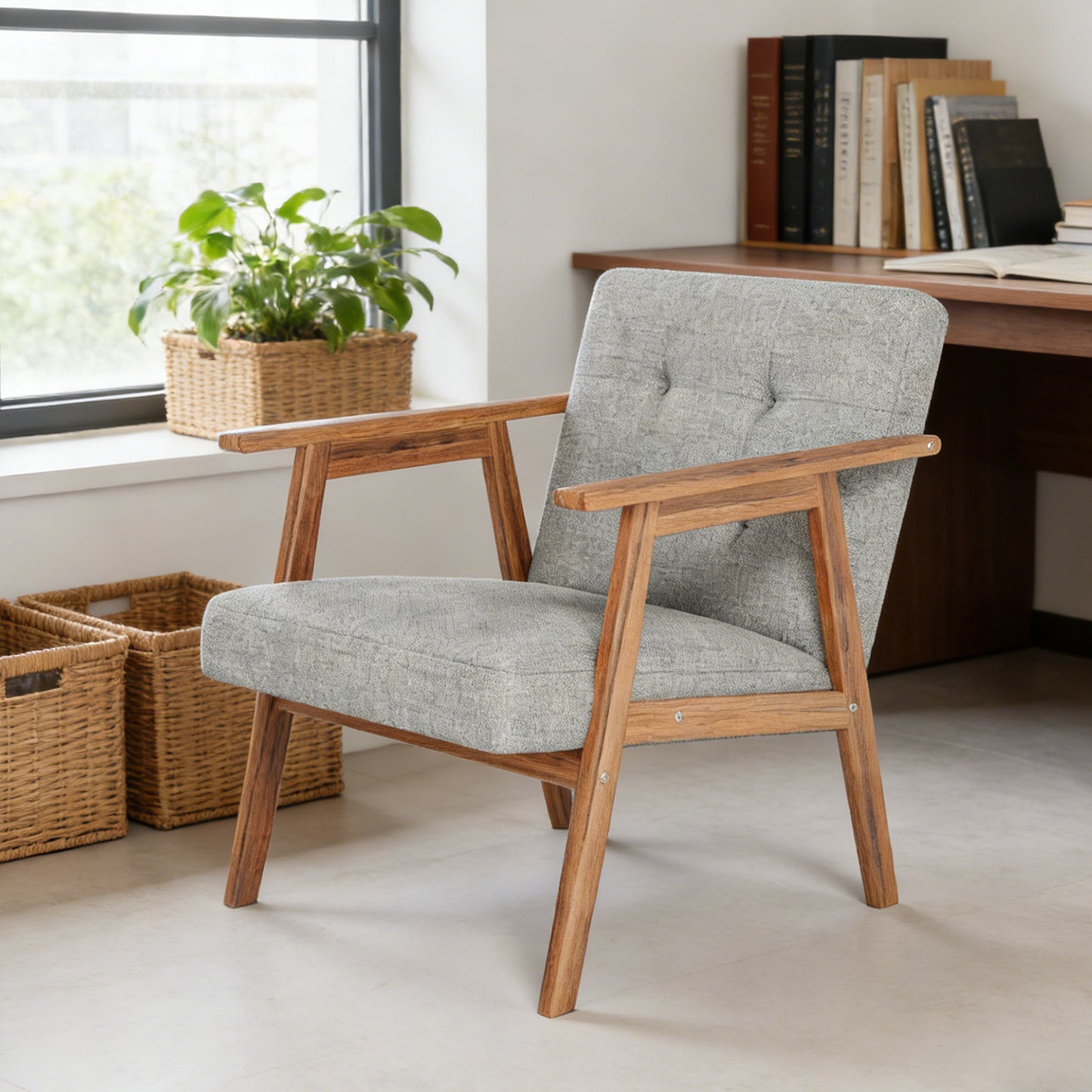 Modern Accent Chair With Walnut Finish Thick And Comfy Seat Cushion Upholstered Living Room Lounge Arm Chair For Bedroom Office Light Grey