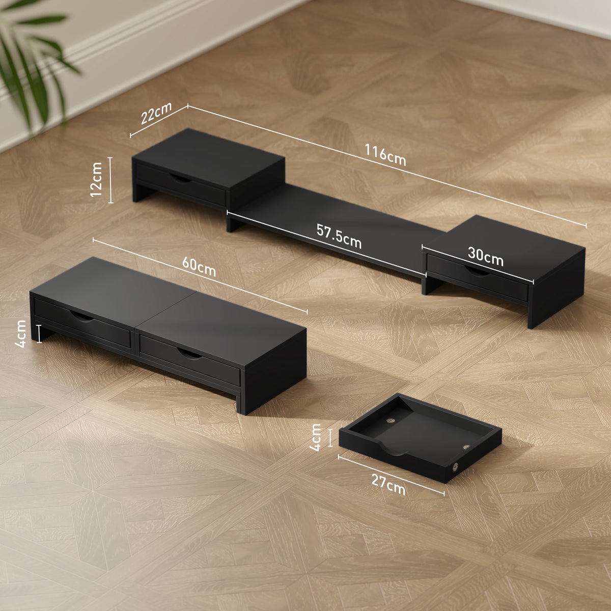 Dual Monitor Stand Riser With 2 Drawers, Adjustable Length And Angle, 116cm Monitor Riser For Laptop, Computer, PC, Small Printer, Black