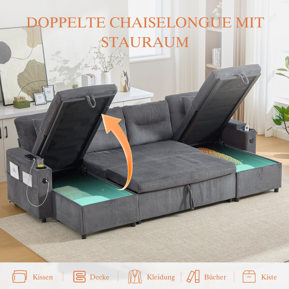 Modern 4-person Velvet Sofa With Double-sided Chaise Lengths, Integrated Storage, Beverage Holders, USB Ports And Pull-out Sleeping Function - Stylish For Any Living Room. Coal Black