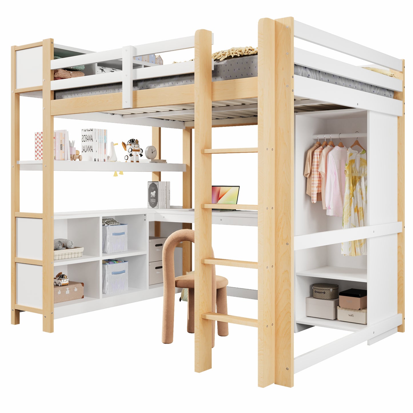 Loft Bed, 140x200 Cm, Shelves, Several Storage Compartments, Desk, Wardrobe, Without Mattress, Natural