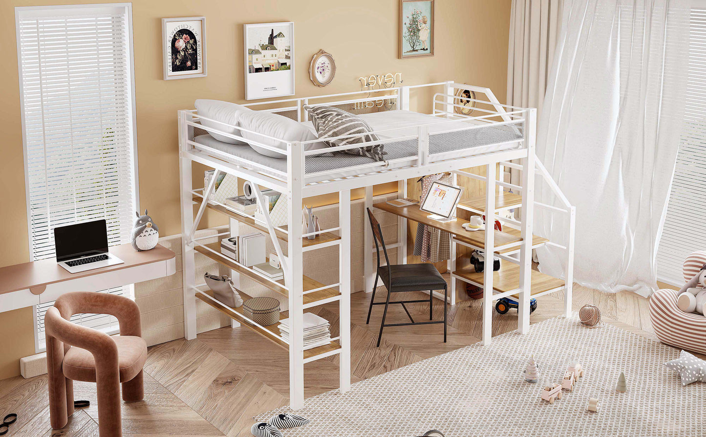Loft Bed 140x200cm, Three-layer Storage Shelf, Desk, Wardrobe, Security Steps With Storage Compartment, High Fence Design, Iron Bed, Single Bed, White