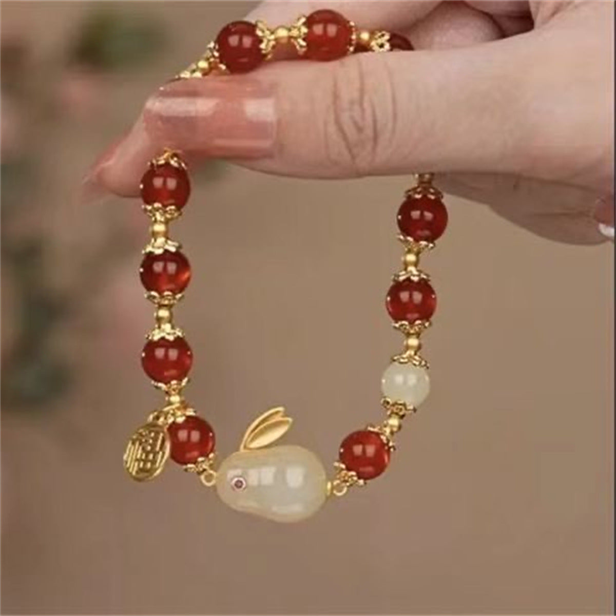 New Red Bead Jade Rabbit Bracelet For Women, Trendy Tiktok Influencer Style Valentine's Day Gift