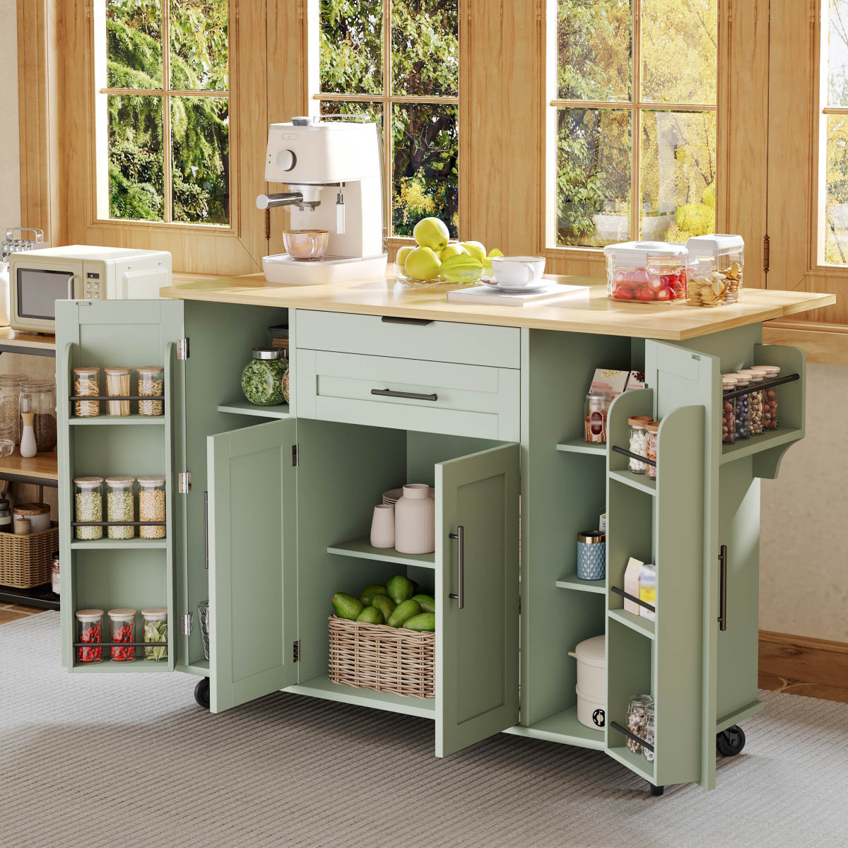 120x45cm, Mobile Kitchen Island, Kitchen Trolley, Pull-out Worktop Up To 70cm, Concealed Cutlery Drawer, Adjustable Shelves, Spice Rack And Towel Rail, Suitable For Kitchen, Dining Room Or Living Room