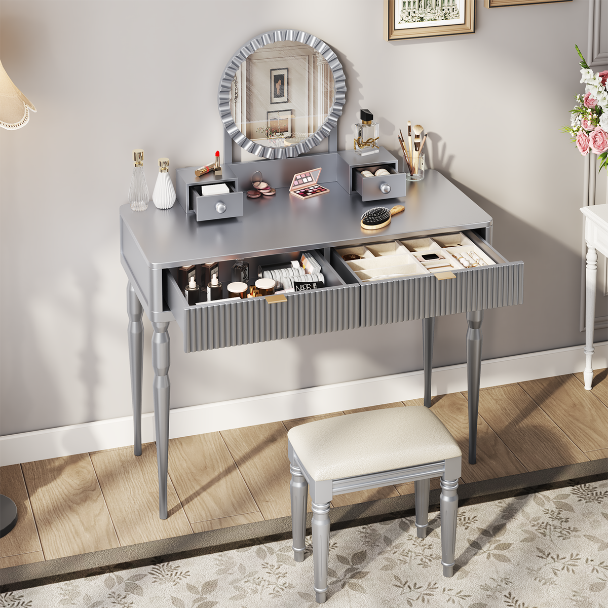 Luxury Vanity Desk With Round Mirror,Height-Adjustable, Stylish Dressing Table Set, 4 Drawers & Stool, Silver