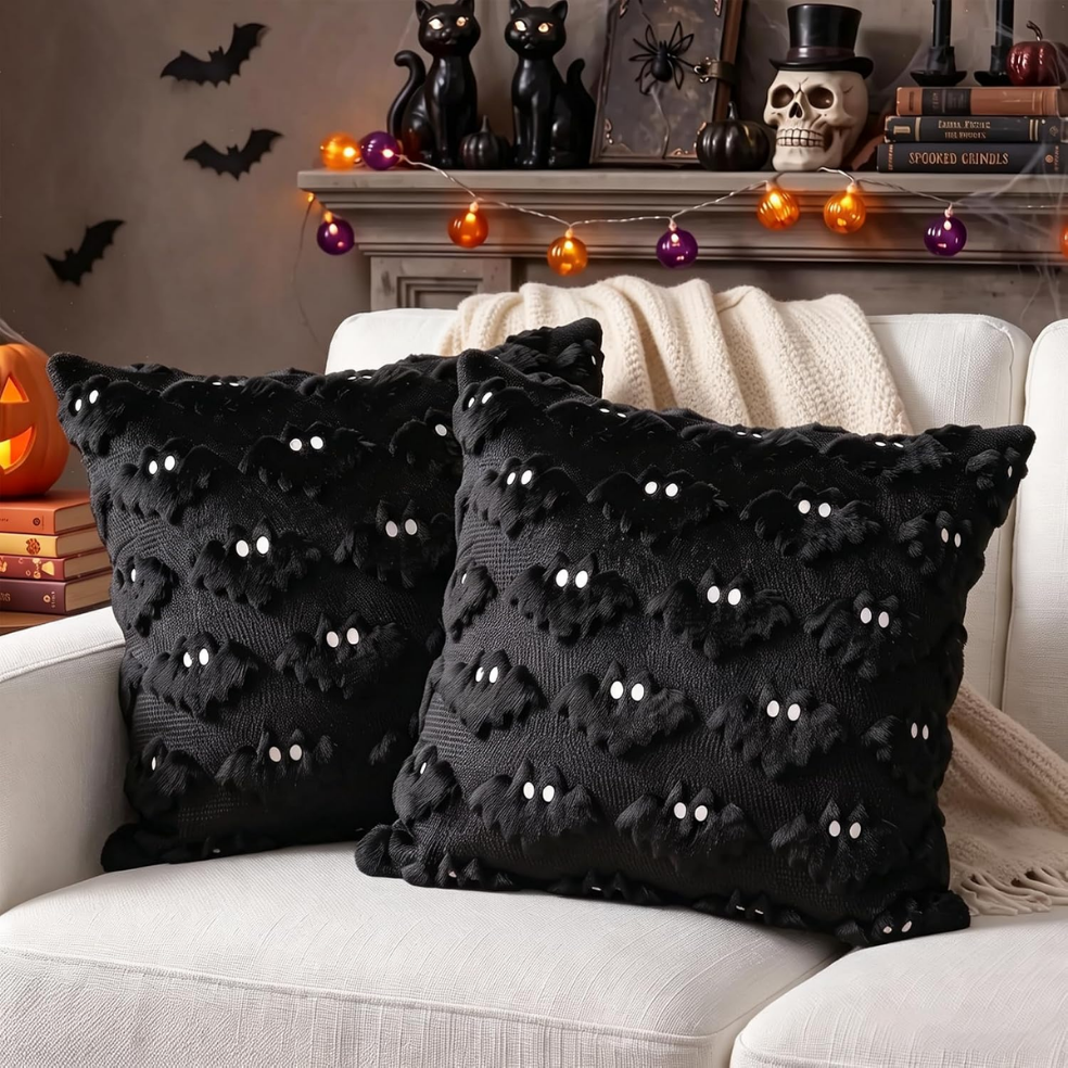 Halloween Bat Pillow Covers Set Of 2 Spooky Black Plush Cushion Covers For Home Decor