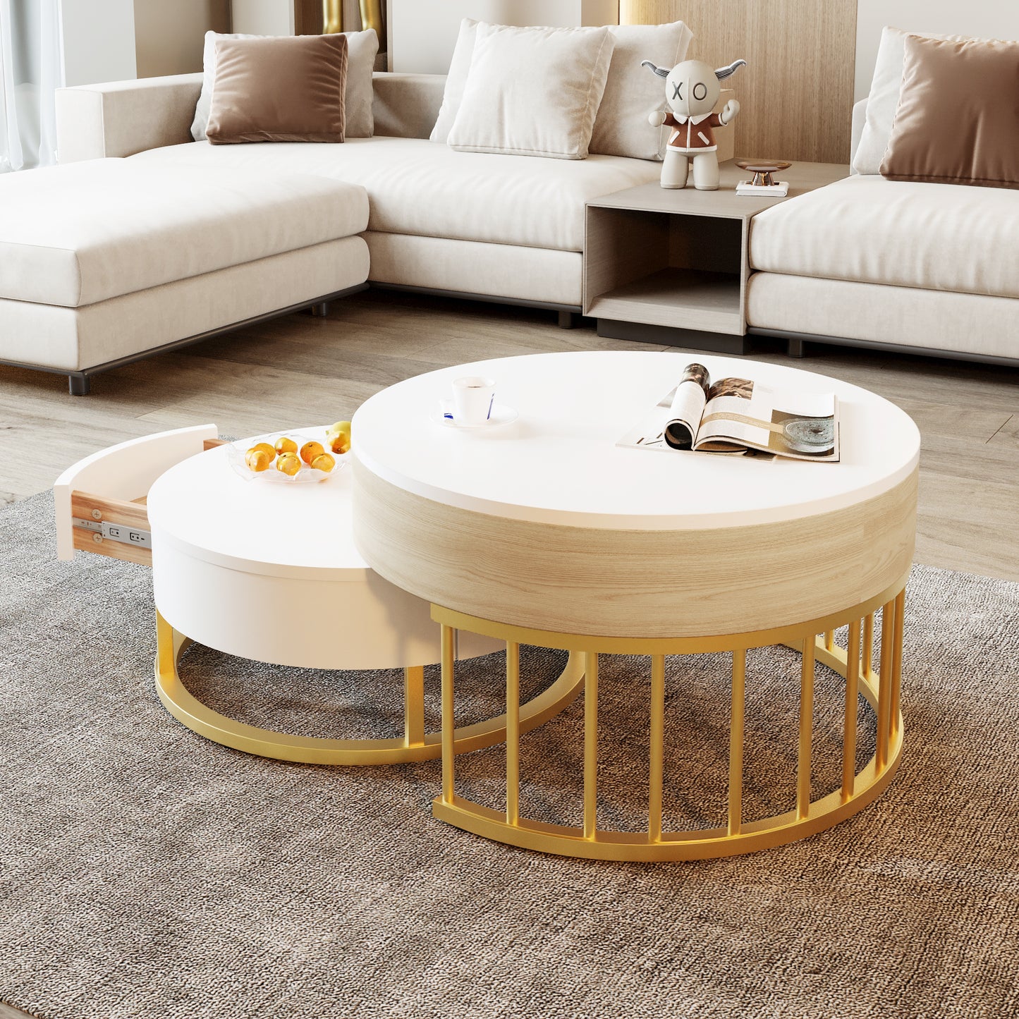 Combination Of Large And Small Round Coffee Table, Height-adjustable Table Top, Drawer, Golden Metal Frame, White Combined With Wood Effect, MDF Body, Multifunctional Living Room Table