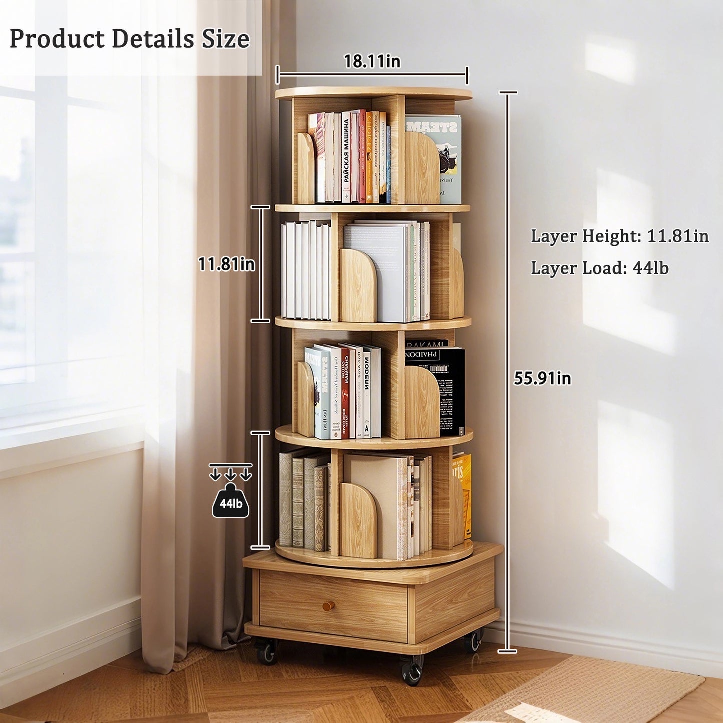 5 Tier Rotating Bookshelf, Display Round Spinning Bookshelf With Wheels, Space-Saving, Small Space Rotating Bookshelf Tower For Bedroom, Living Room, Home, Office, Wood Color
