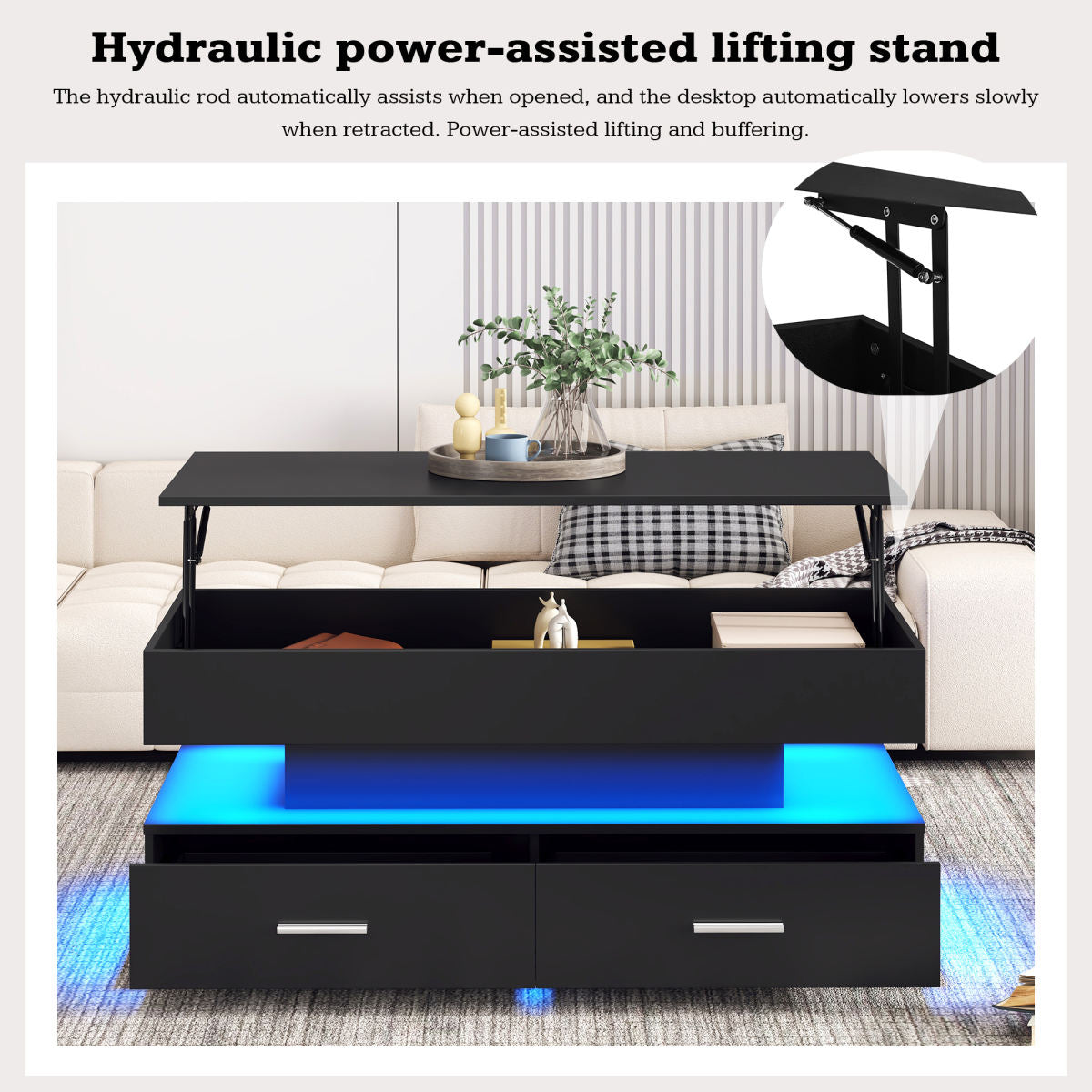 100X50X44cm Hydraulic Height Adjustable Coffee Table, With LED Lighting, Bluetooth APP Control, 2 Drawers And Open Storage,Black Liftable Coffee Table