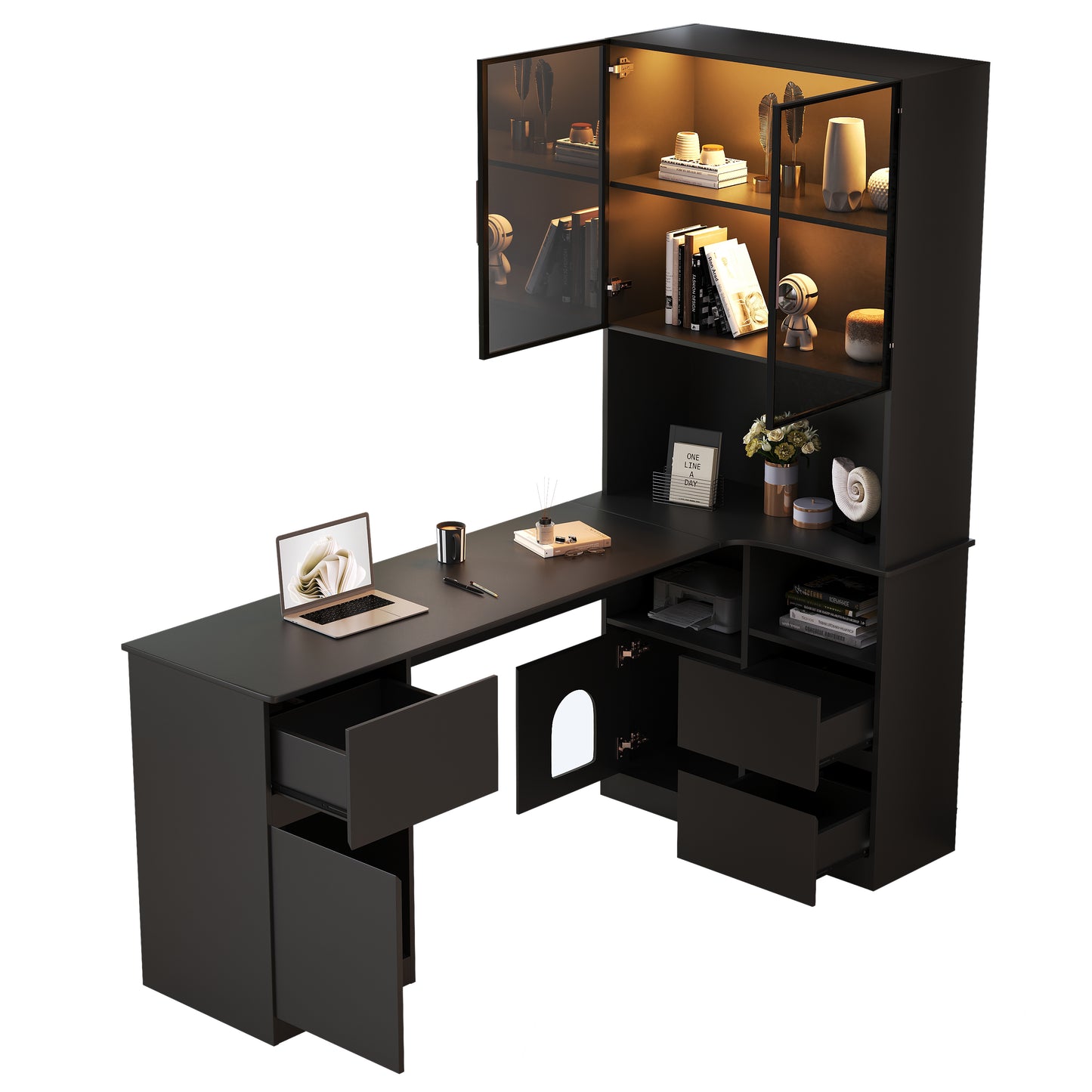 Corner Desk With Shelf And LED Display Cabinet 120x80x180 Cm- Desk With Cable Outlet, 3 Drawers, 2 Doors, Open Compartments ,A Corner Desk With Built-in Bookcase