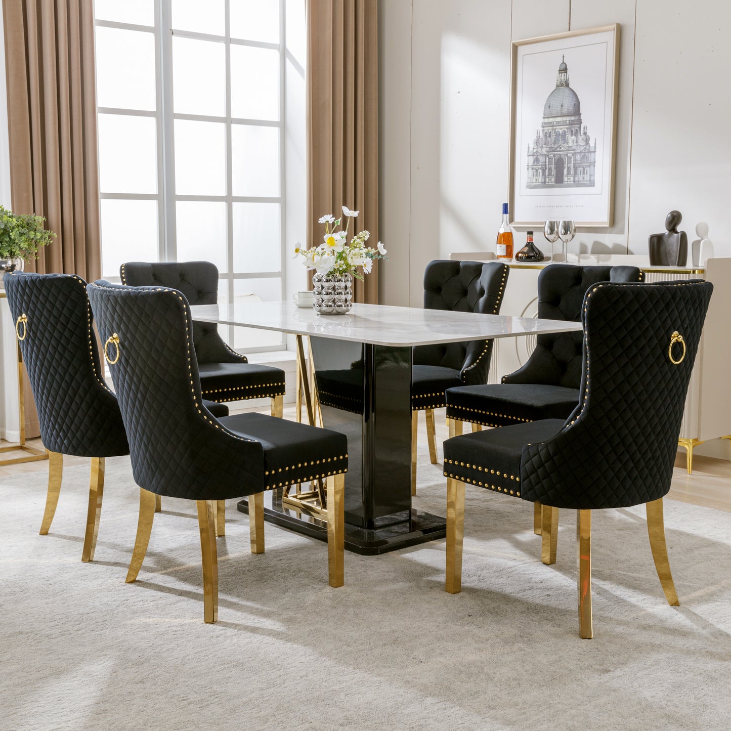 Dining Room Chair Kitchen Chair Living Room Chair With Unique Round Tensile Rings On The Back, 6 Sts, Upholstered Chair With Nail Head Occupation,Supporting Legs In Gold Plated Stainless Steel, Velvet