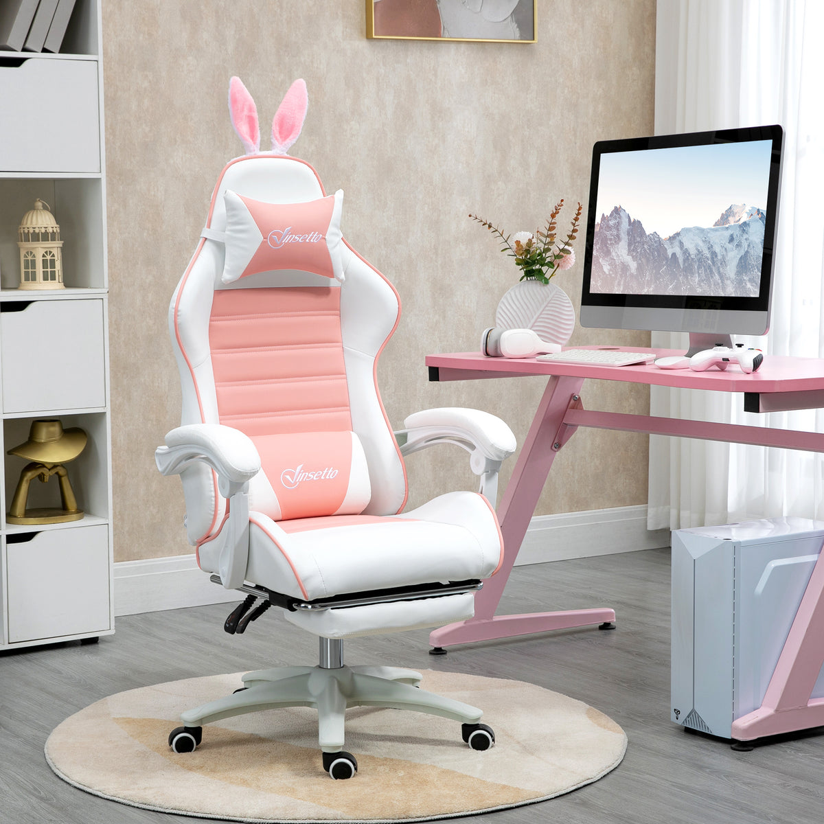 Vinsetto Racing Gaming Chair, Reclining PU Leather Computer Chair With Removable Rabbit Ears, Footrest, Headrest And Lumber Support, Pink