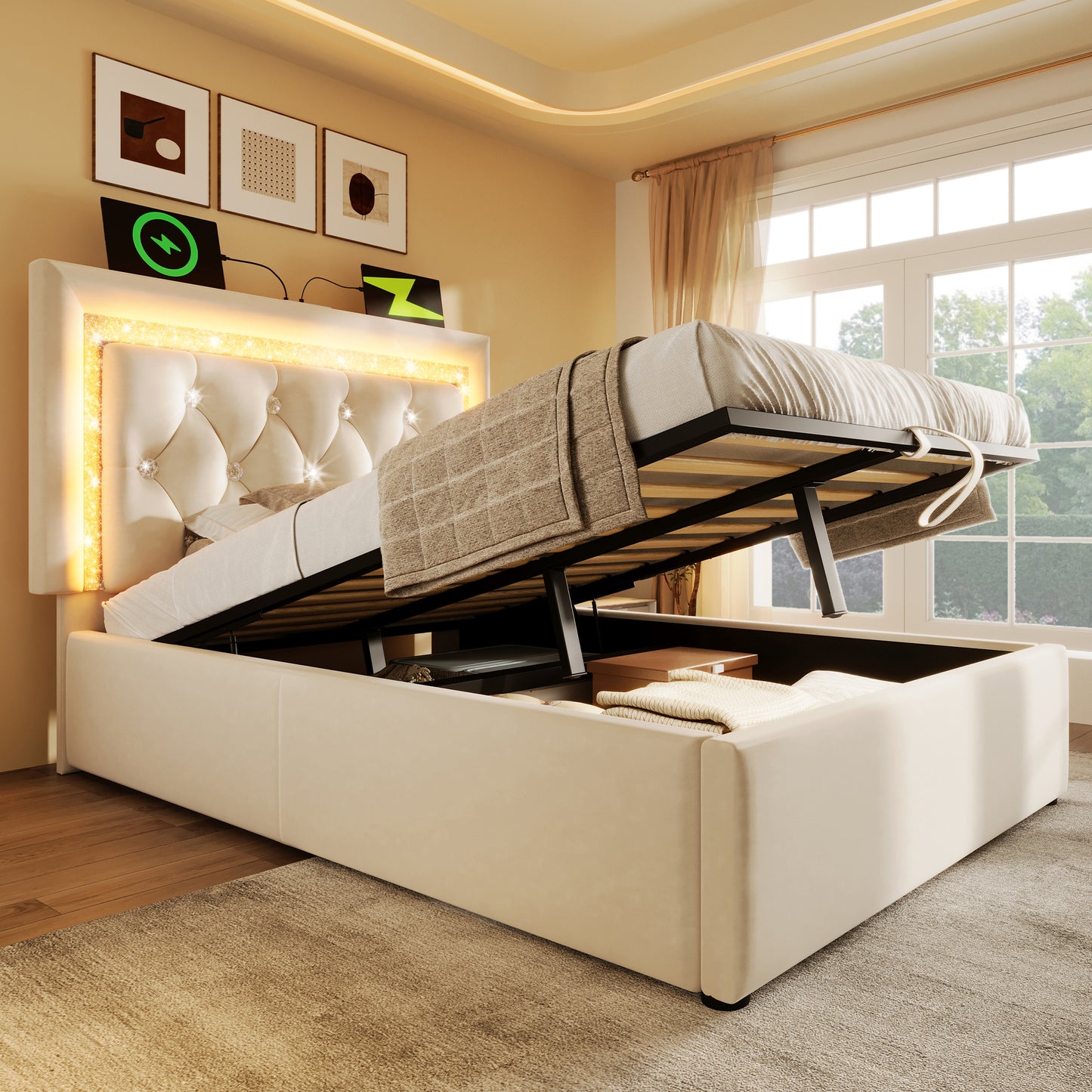 Upholstered Bed 90x200 Cm Velvet Single Bed With LED Diamond Band In The Headboard, USB & Type-C Charging Station, Hydraulic Bed Base With Storage Space, Modern Youth Bed With Slatted Frame, Beige