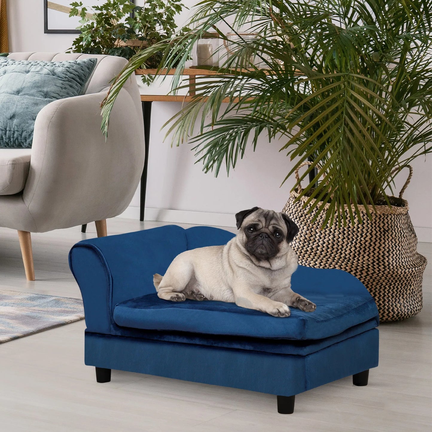 Pet Sofa Bed With Storage, Cushy Couch For Cats And Small Dogs, Soft Foam Couch, Modern Pet Furniture, Blue