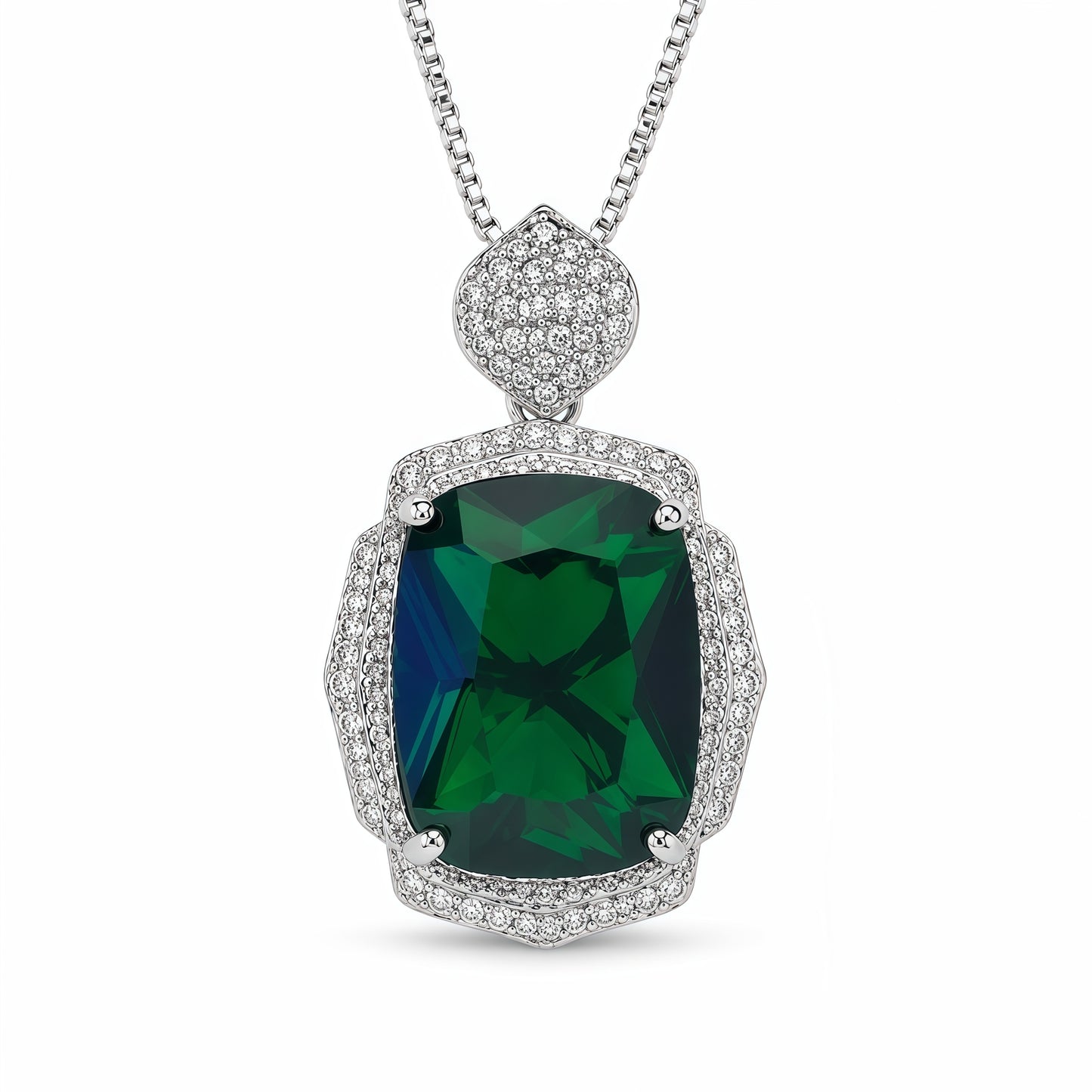 Luxury Radiant Cut Green Emerald Drop Necklace, Silver Plated CZ Halo Pendant For Formal Party & Anniversary Gift