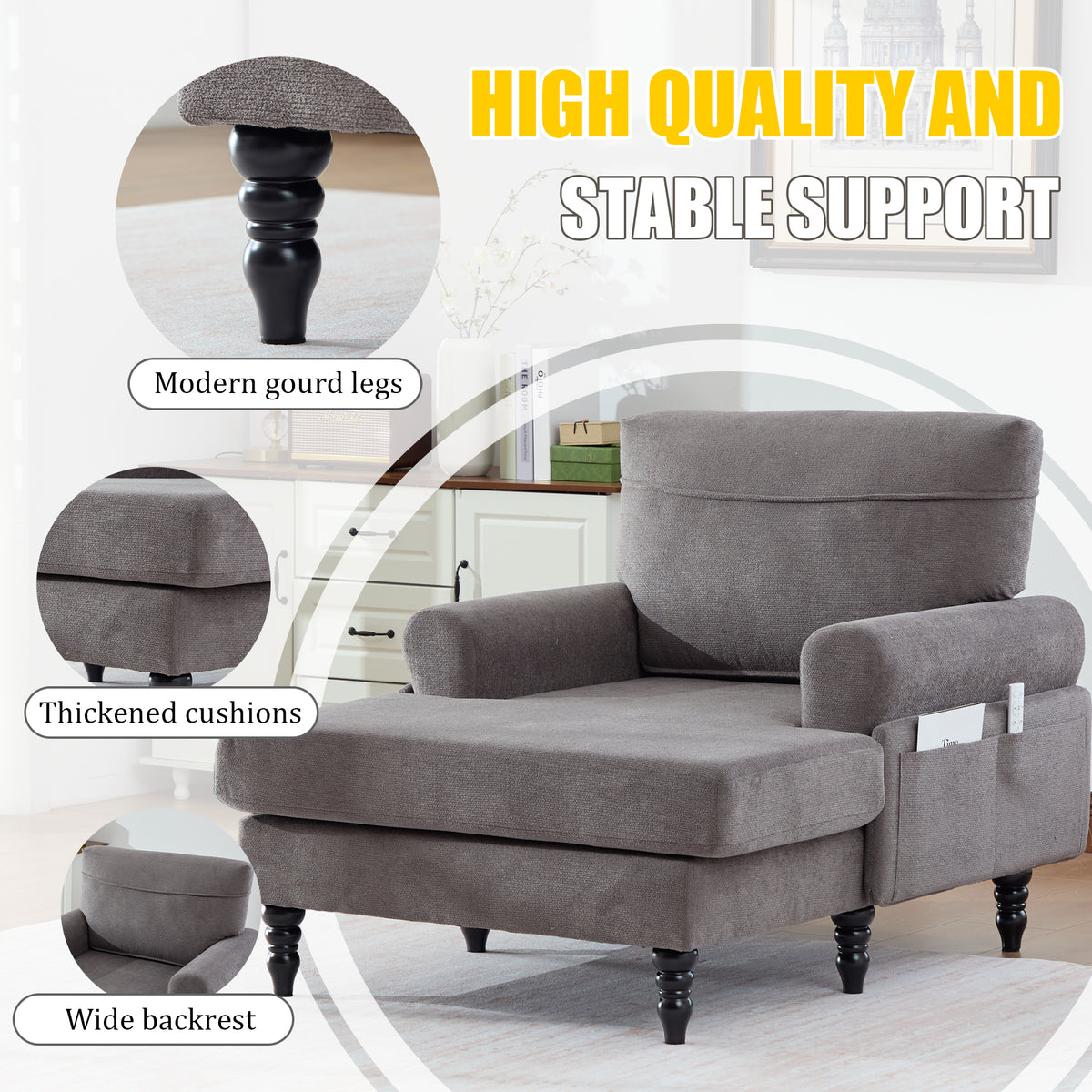 Modern Minimalist Chenille Fabric Chaise Lounge Recliner Single Sofa Living Room Bedroom Rest Chair Wooden Sofa Legs With Comfortable Backrest And Armrests Side Pockets For Storage Suitable For Office