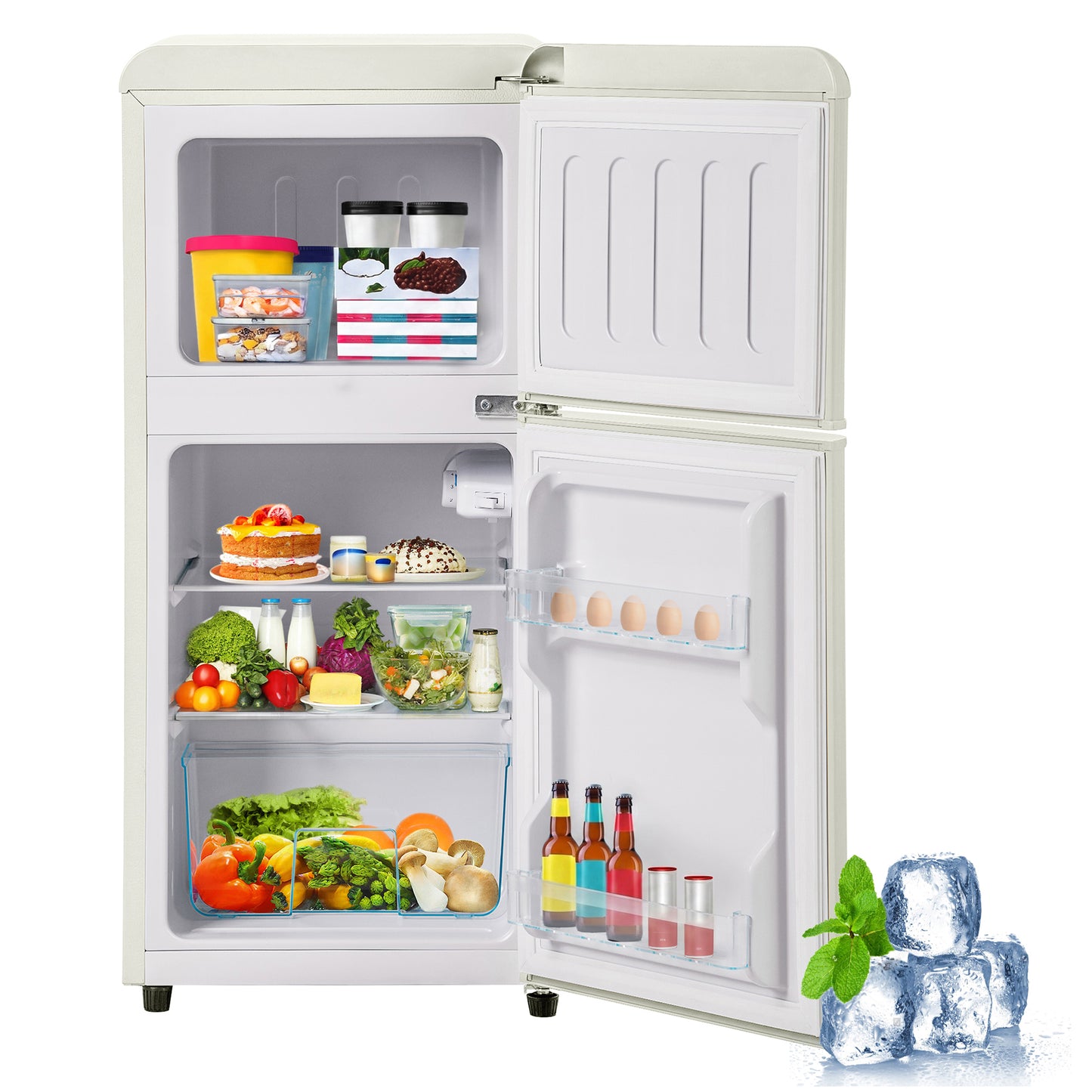 Retro-style Refrigeratorfreezer. 88.8 Cm High, Two-door, 60-liter Total Capacity, 22-liter Freezer Compartment. 102 KWh Year,, LED Lighting. Cream White, Energy Efficiency