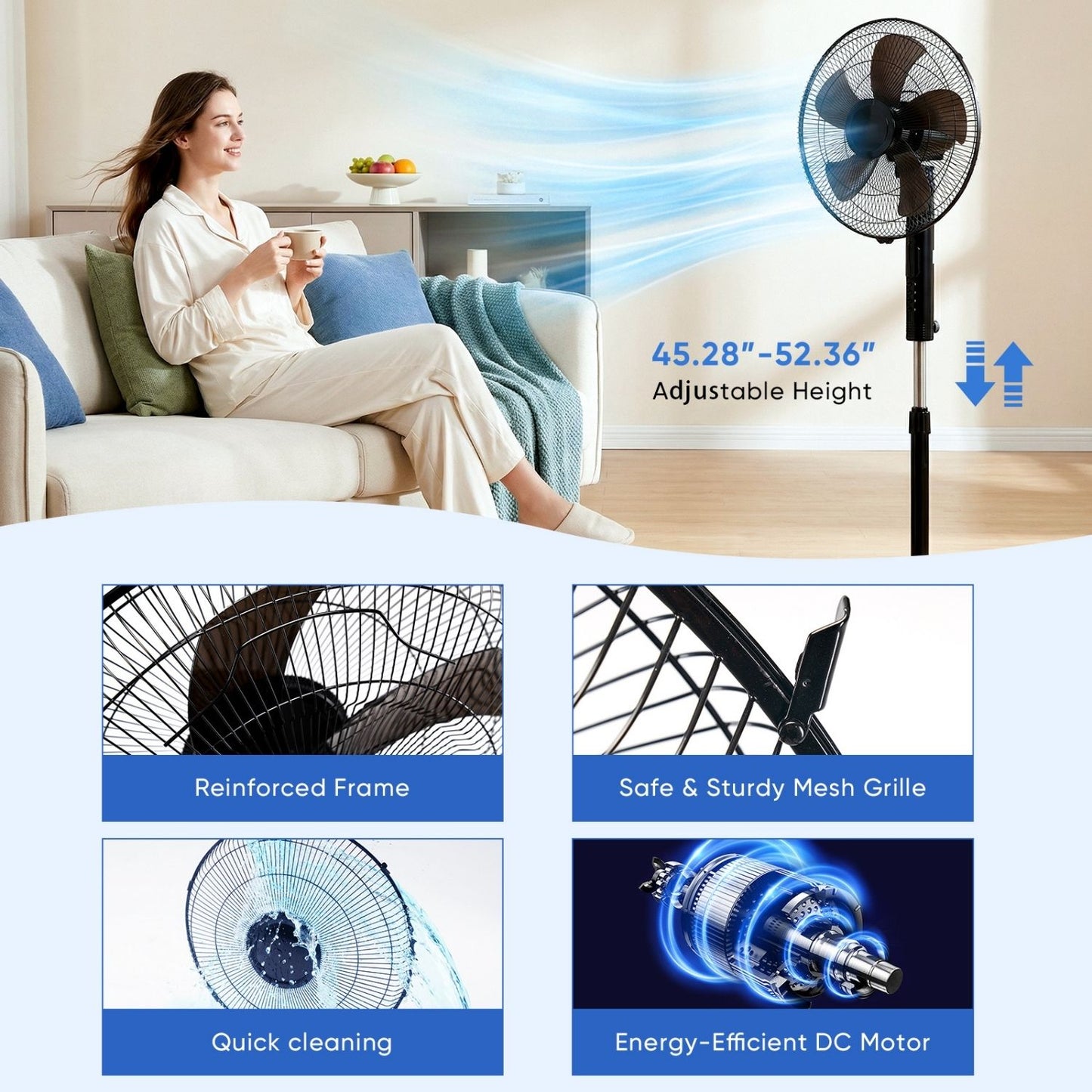 Remote Control Quiet Standing Fan, Oscillating Pedestal Fan With Adjustable Height, Timer And Multiple Modes For Bedroom Office