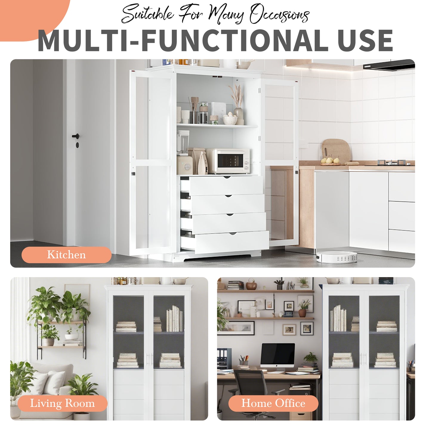 TOPMAx 44.7x20x75inch Kitchen Pantry Freestanding Kitchen Storage Cabinet Display Cabinet With Glass Doors And 4 Built- In Drawers For Living Room Home Office White