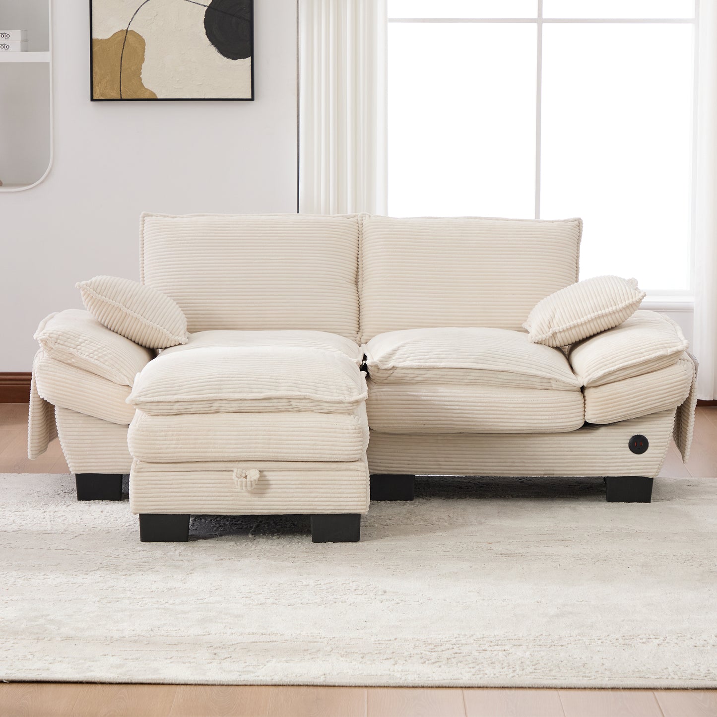 Modular 2-seater Corduroy Sofa With Stool Wide Seat, Ergonomic Design, High-density Foam Padding, USB-C Port And Side Pockets. Ideal For Living Room, Office Or Lounge.Beige