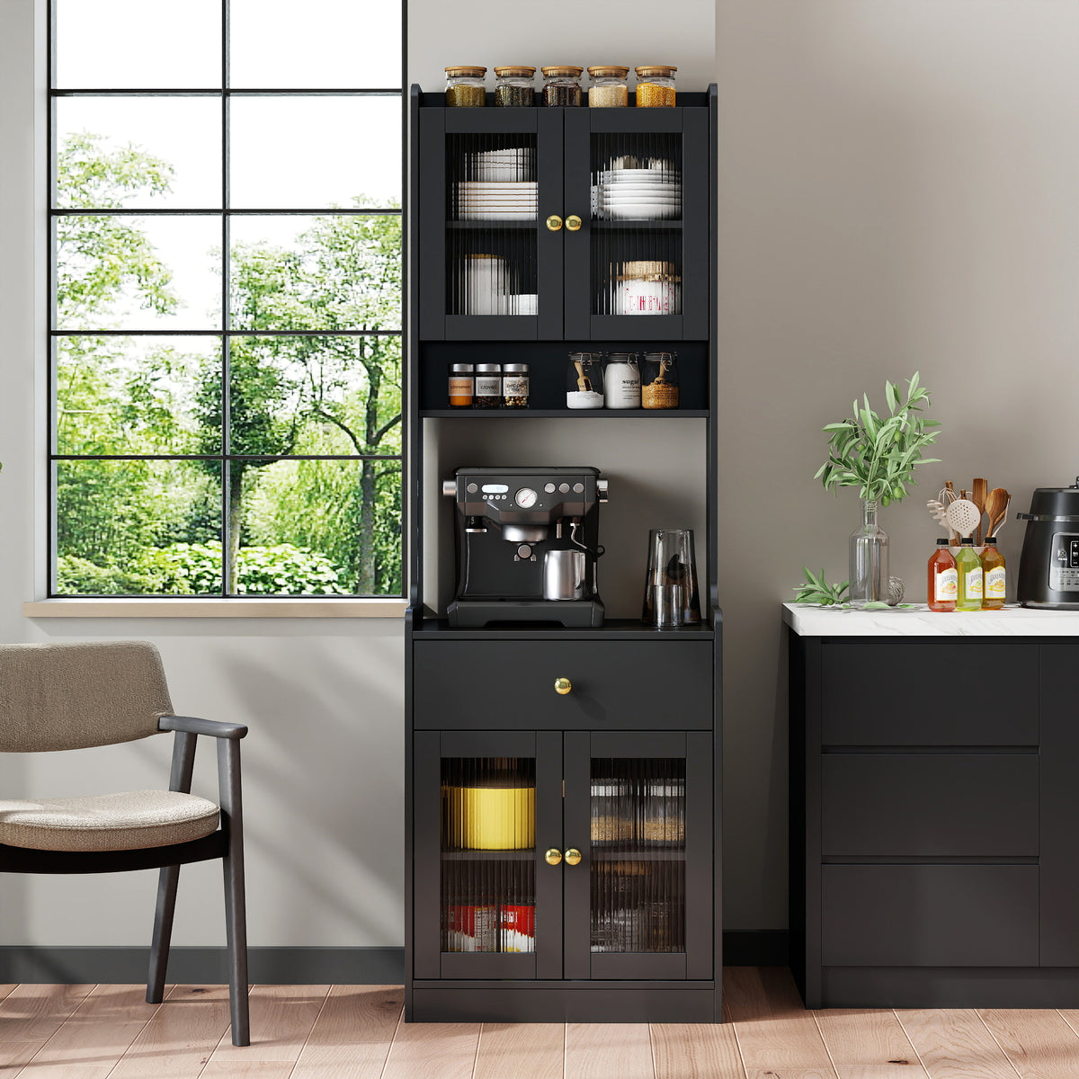 Black Kitchen Pantry Hutch Storage Cabinet, Farmhouse Kitchen Hutch Buffet Cabinet With Microwave Stand, Freestanding Buffet Sideboard Coffee Bar Cabinet
