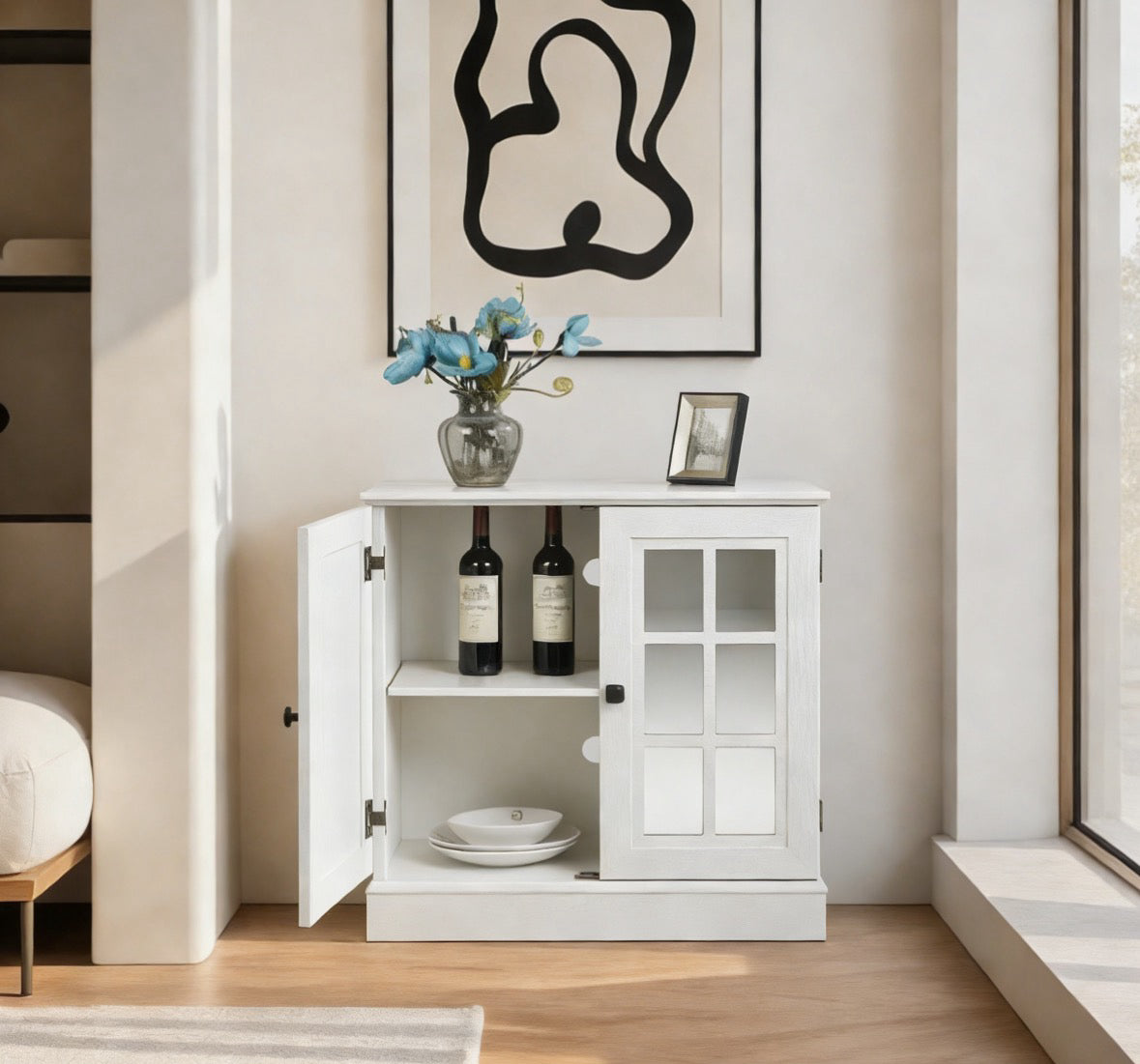 Storage Sideboard Cabinet With 2 Decorative Acrylic Mirrored Doors, Adjustable Shelf For Dining Room, Living Room, Kitchen, Metal Handles, MDF White 3D Wood Grain Finish