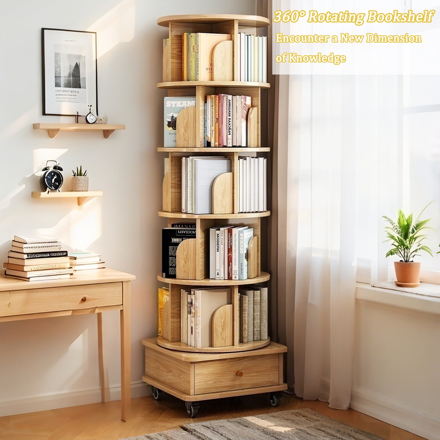 6 Tier Rotating Bookshelf, Display Round Spinning Bookshelf With Wheels And Drawer, Space-Saving, Small Space Rotating Bookshelf Tower For Bedroom, Living Room, Home, Office, Wood Color