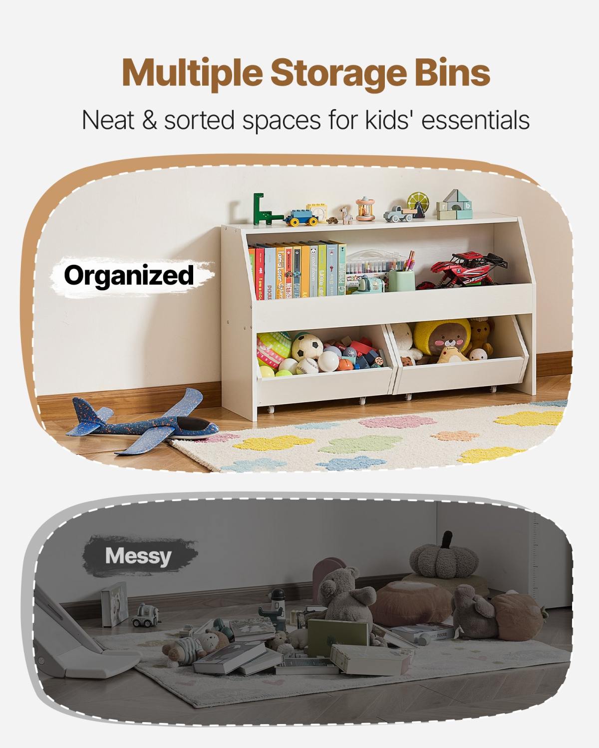 Toy Storage Organizer, Wooden Kids Bookshelf With Storage, Toy Storage Cabinet With 2 Mobile Drawers, Kids Storage Organizer For Bedroom, Nursery, Living Room, Entryway, Preschool, White